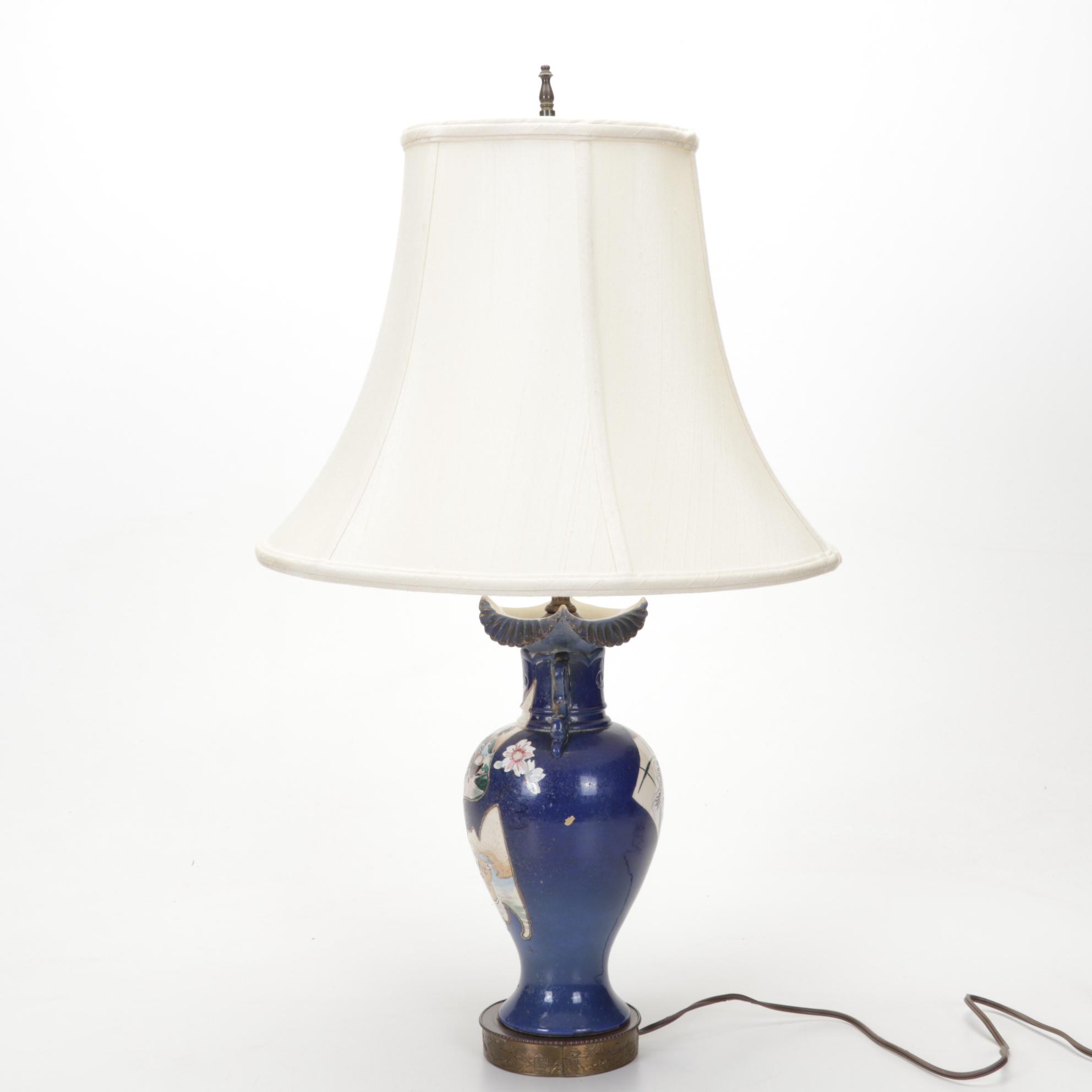 Japanese Porcelain Table Lamp with Figurines and Framed Hinterglass Flowers