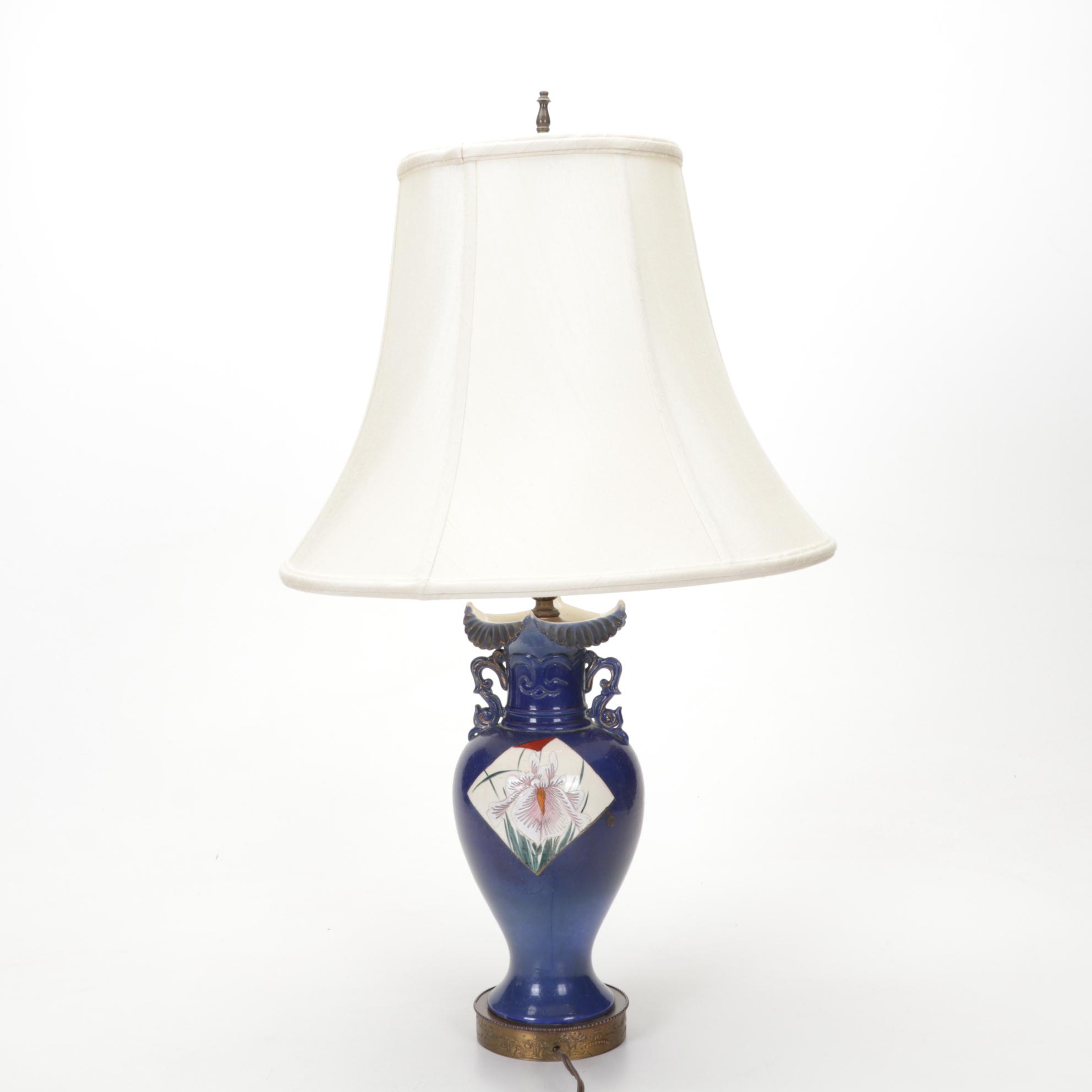 Japanese Porcelain Table Lamp with Figurines and Framed Hinterglass Flowers