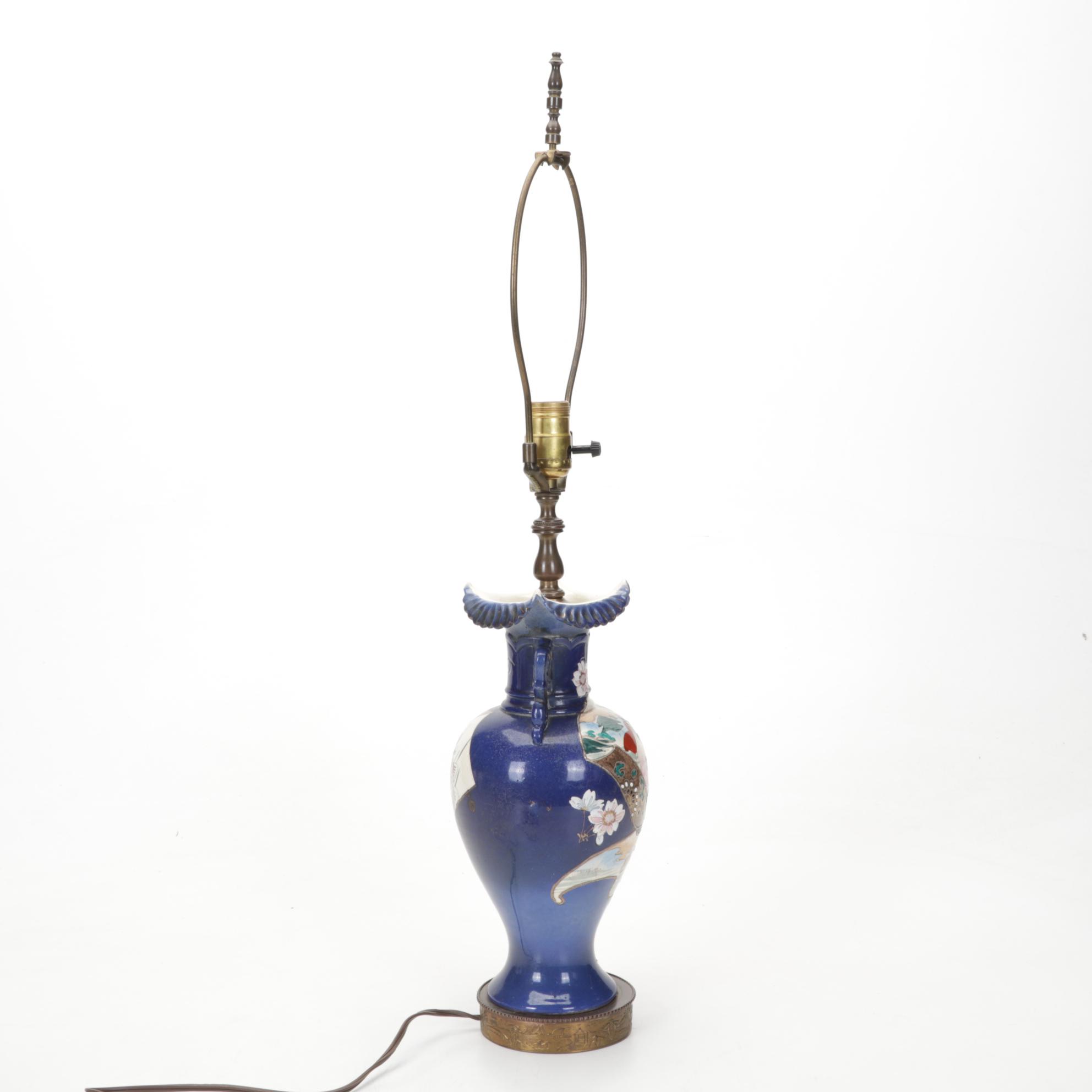 Japanese Porcelain Table Lamp with Figurines and Framed Hinterglass Flowers