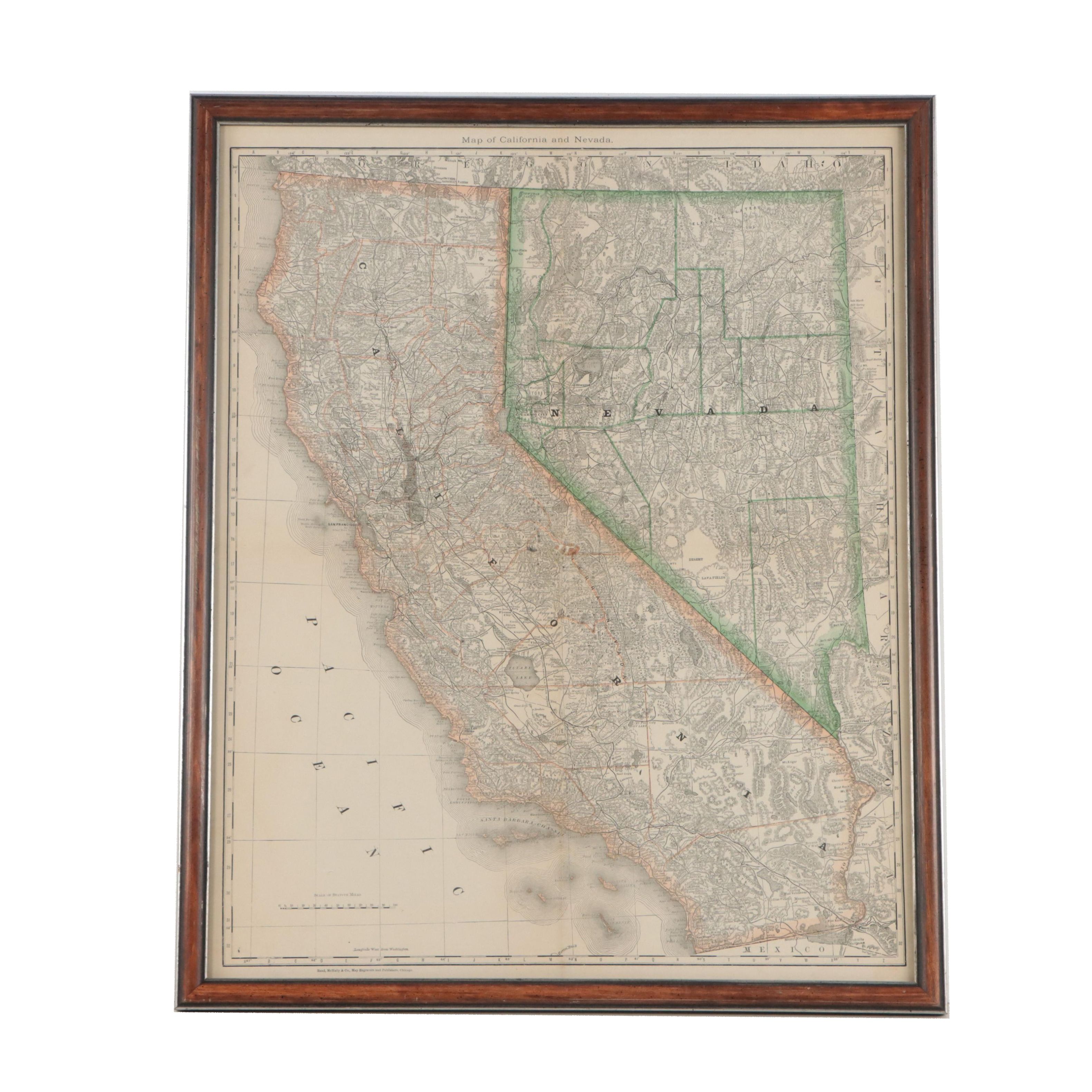 Rand, McNally & Co. Wax Engraving "Map of California and Nevada," 1875