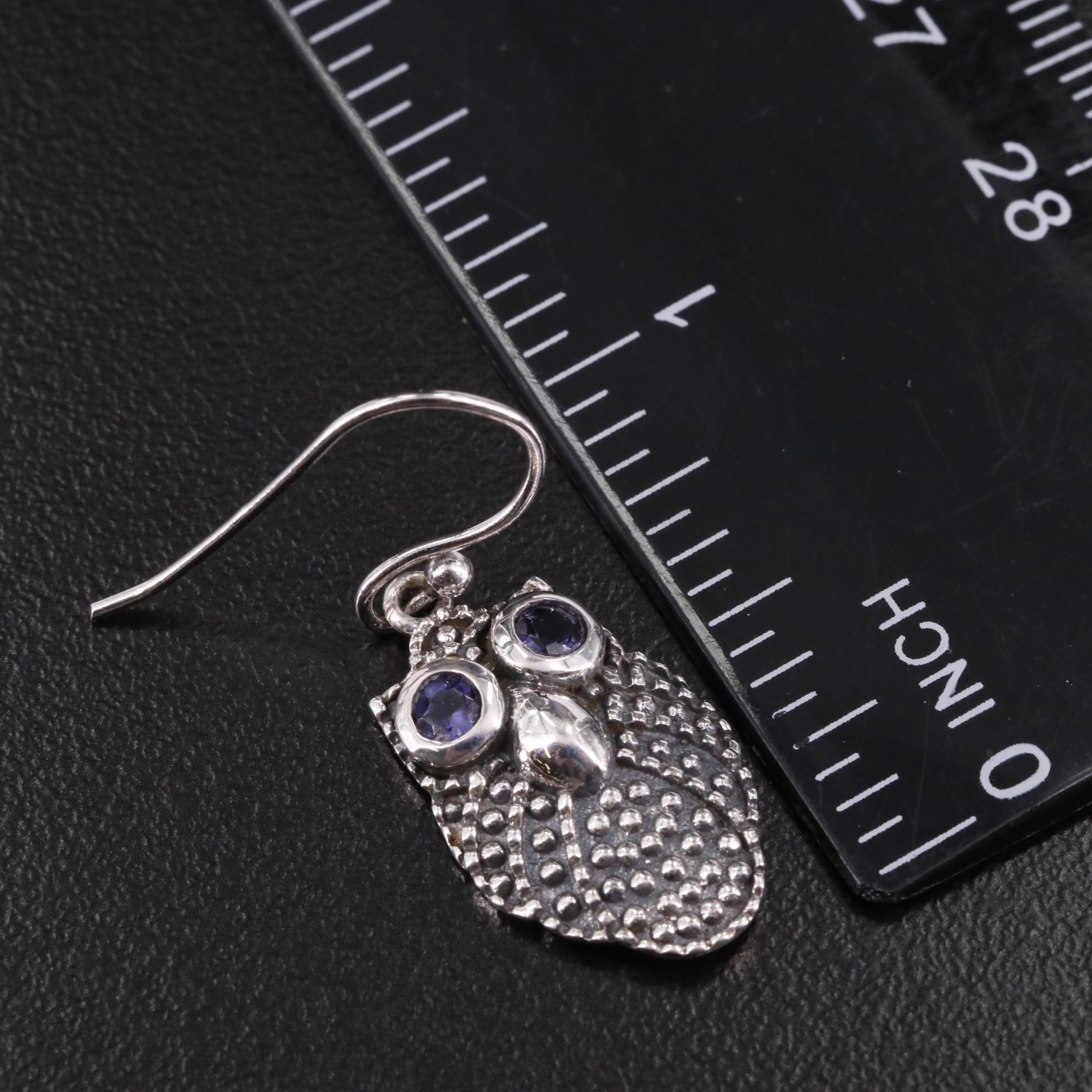 Sterling Iolite Owl Drop Earrings