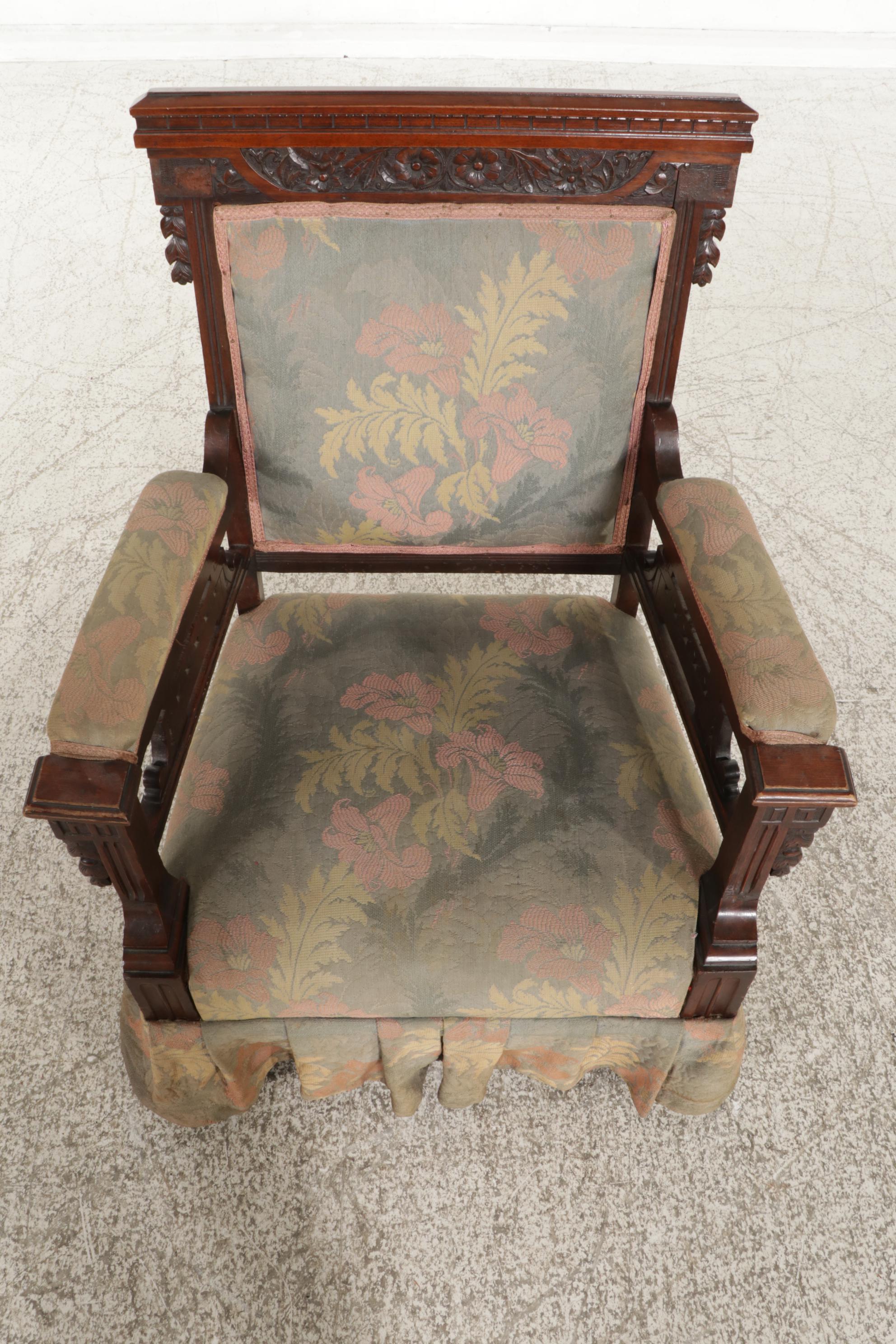 Victorian Eastlake Walnut and Custom-Upholstered Armchair, Late 19th Century