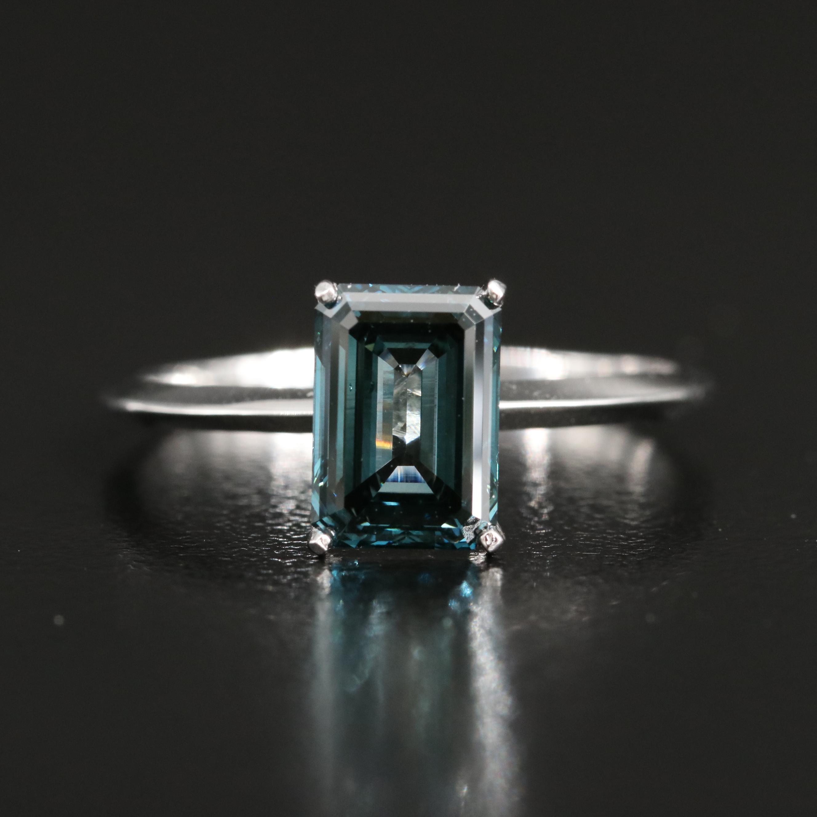 14K 1.97 CT Fancy Dark Bluish Green Diamond Solitaire Ring with Knife-Edges