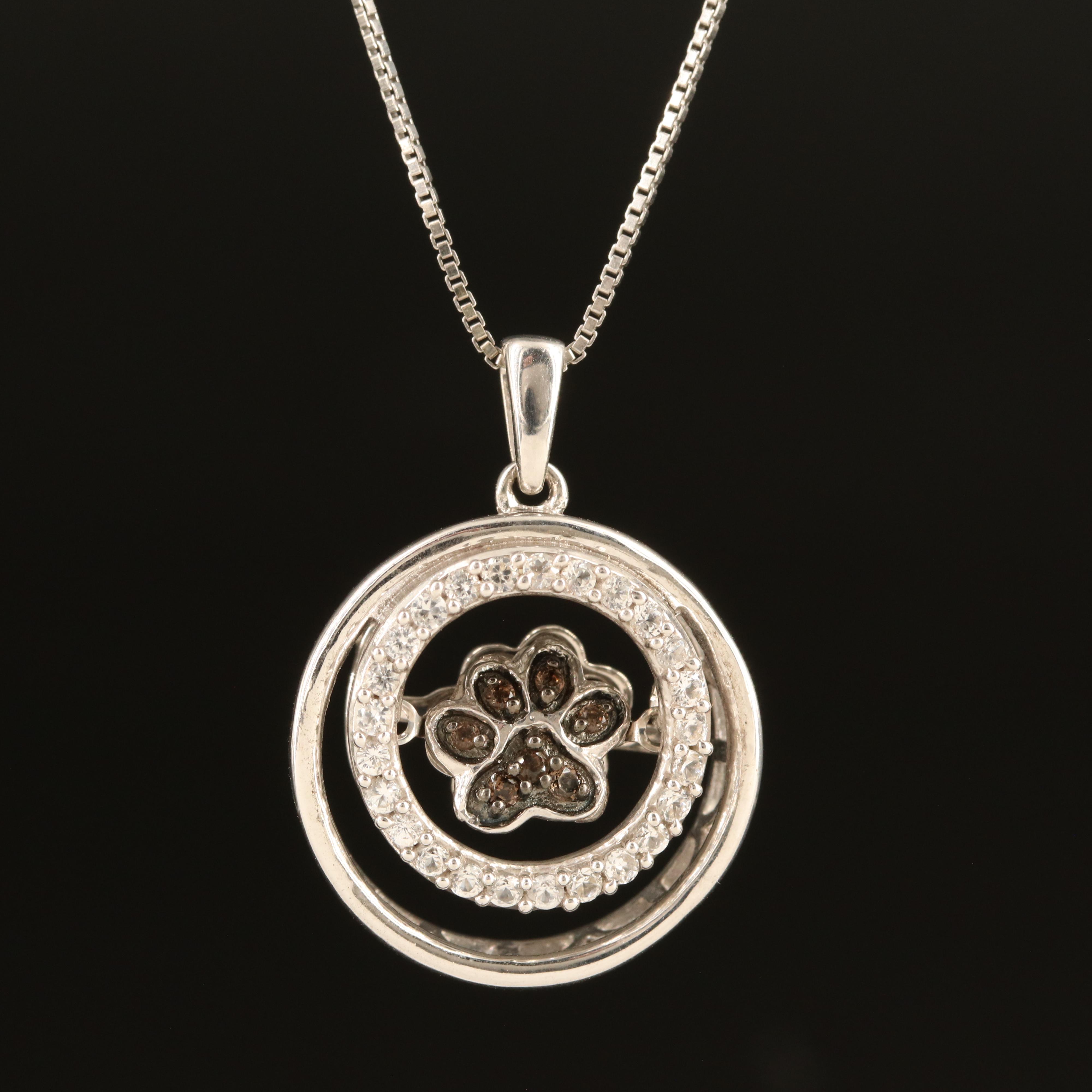 Sterling Smoky Quartz and Topaz Paw Print Shimmer Pendant Necklace