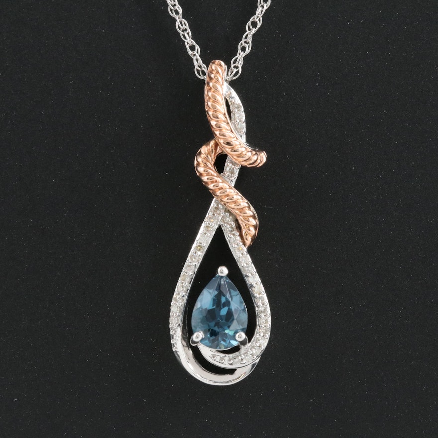 London Blue Topaz and Diamond Pendant Necklace with 10K Rose Gold Accents