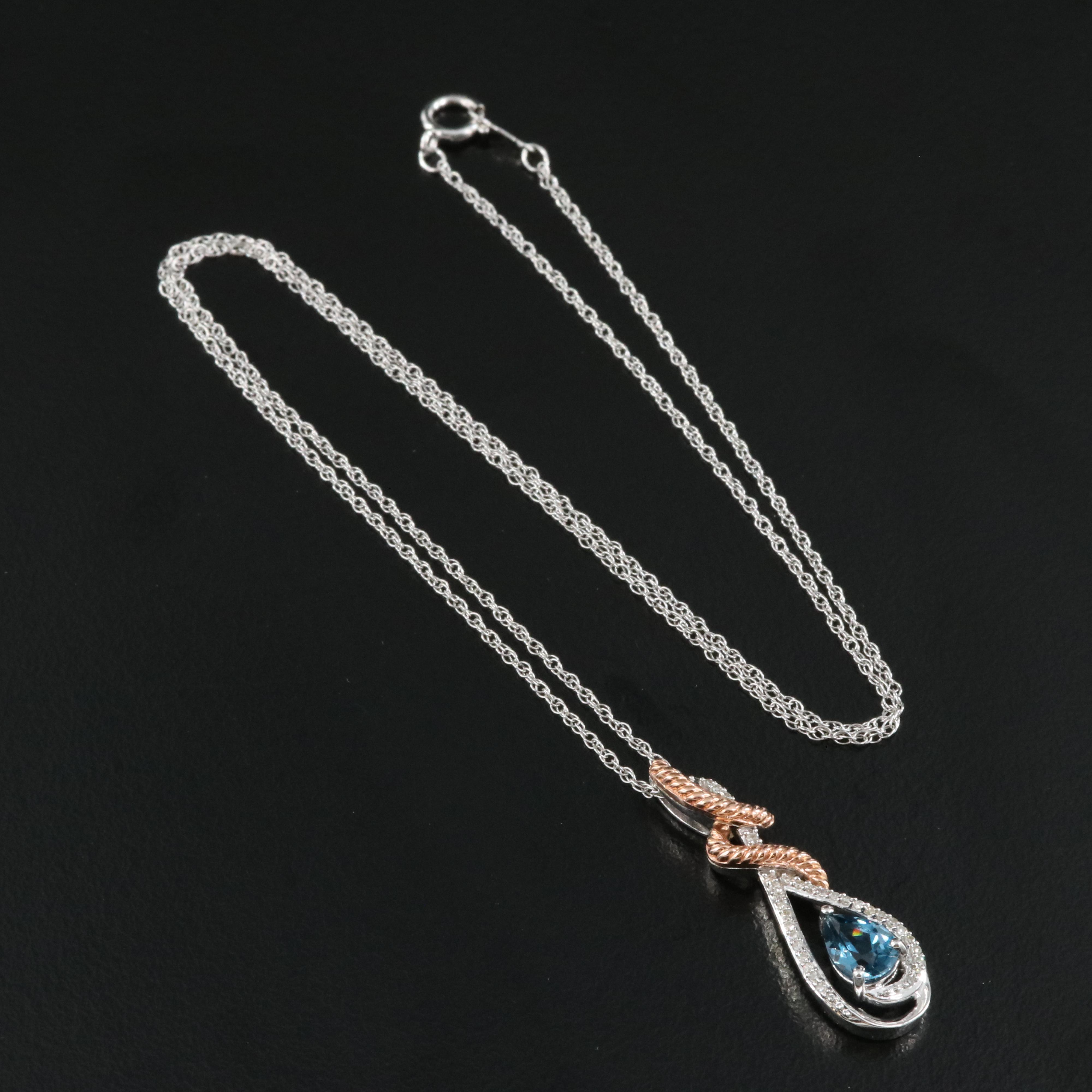 London Blue Topaz and Diamond Pendant Necklace with 10K Rose Gold Accents