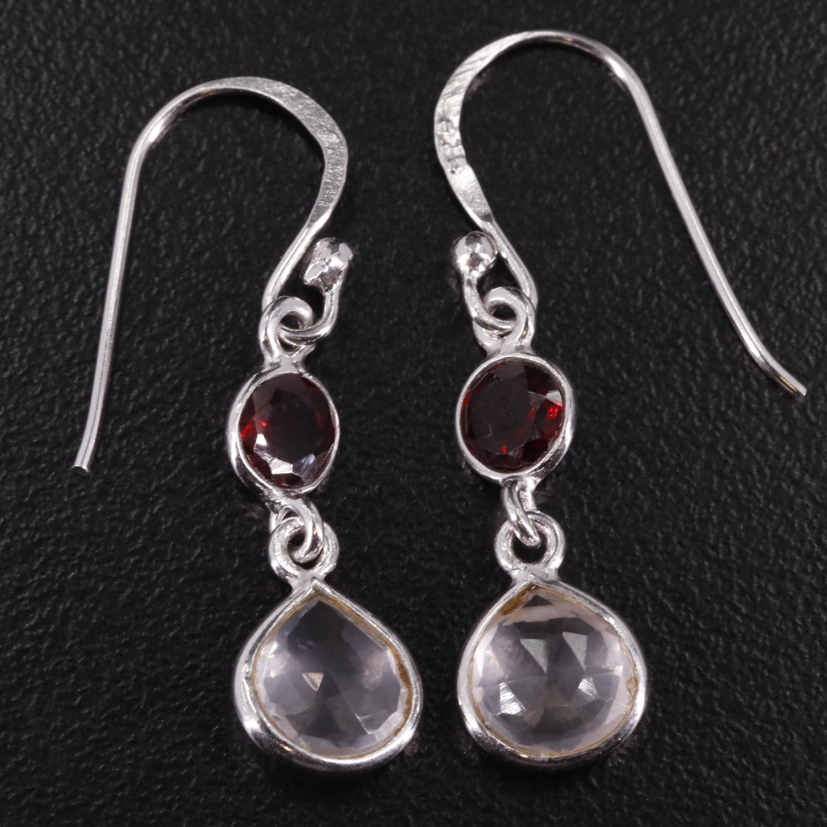 Sterling Rose Quartz and Garnet Drop Earrings