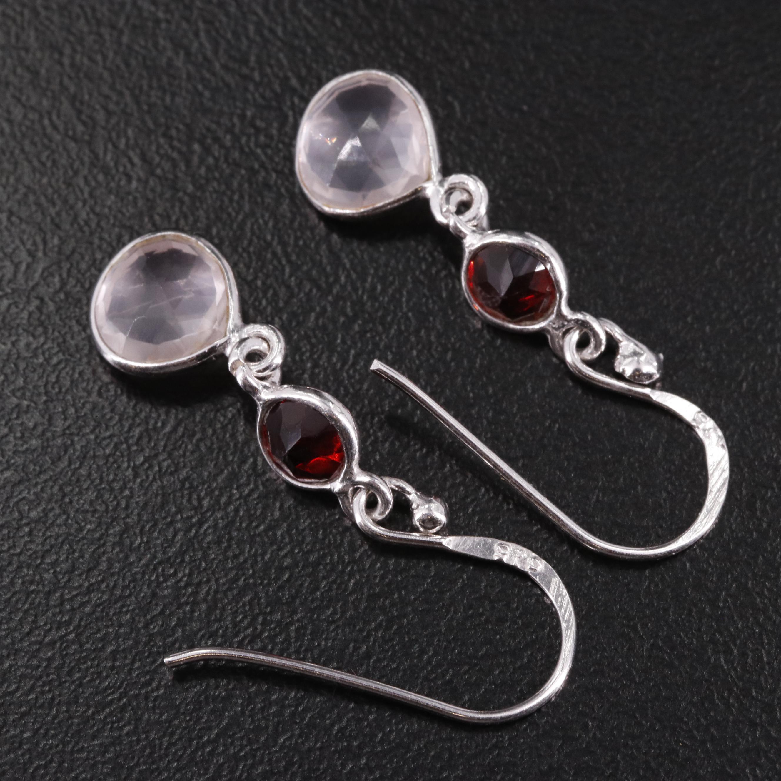 Sterling Rose Quartz and Garnet Drop Earrings