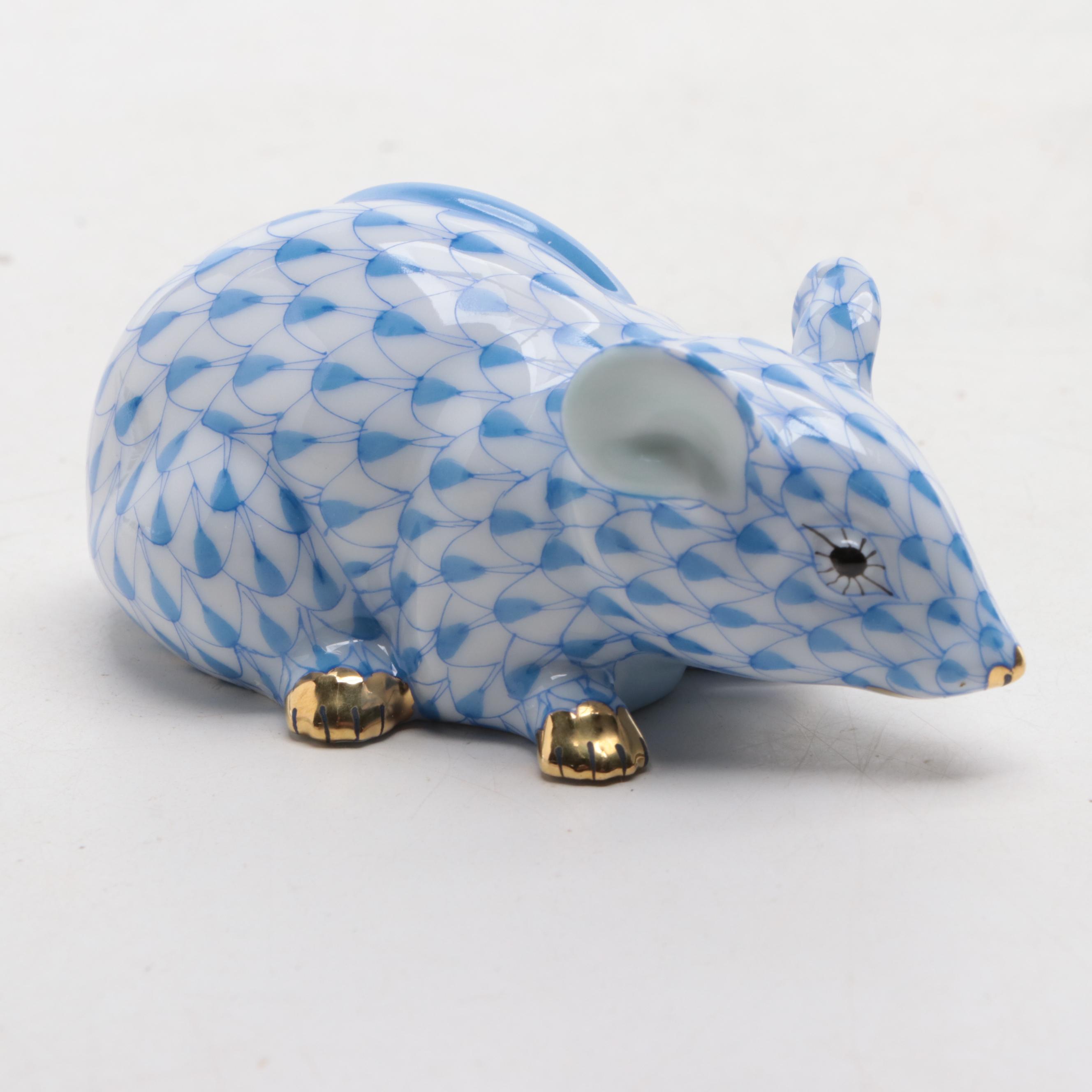 Herend Blue Fishnet With Gold "Curly Tailed Mouse" Porcelain Figurine
