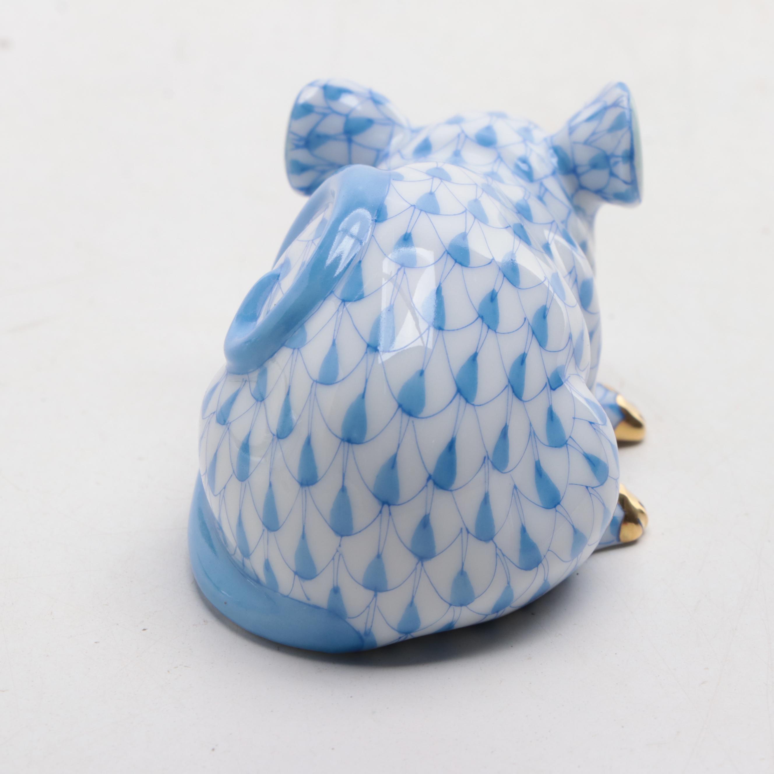 Herend Blue Fishnet With Gold "Curly Tailed Mouse" Porcelain Figurine