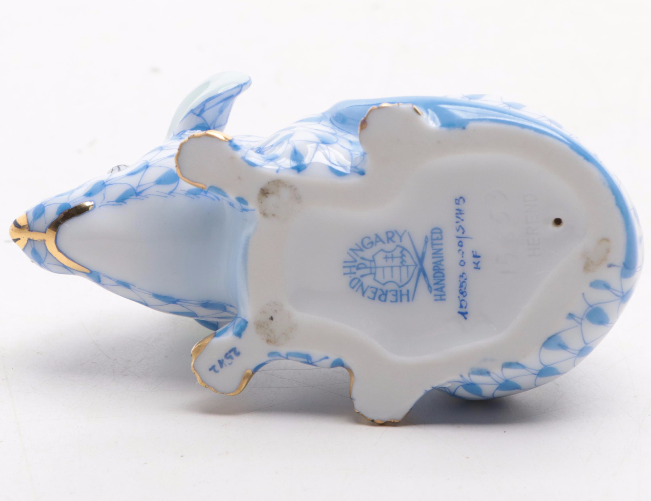 Herend Blue Fishnet With Gold "Curly Tailed Mouse" Porcelain Figurine