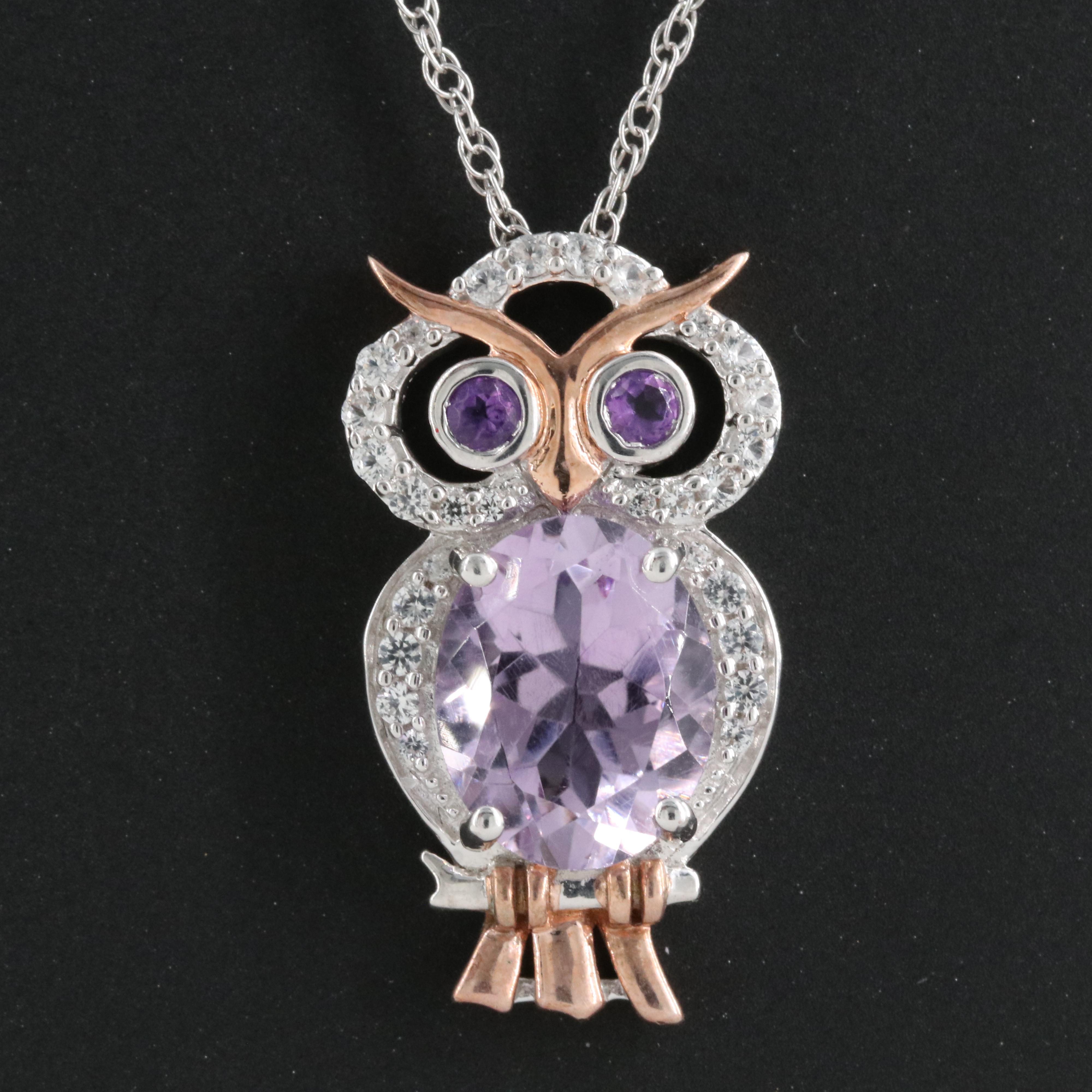 Sterling Amethyst and Sapphire Owl Pendant Necklace
