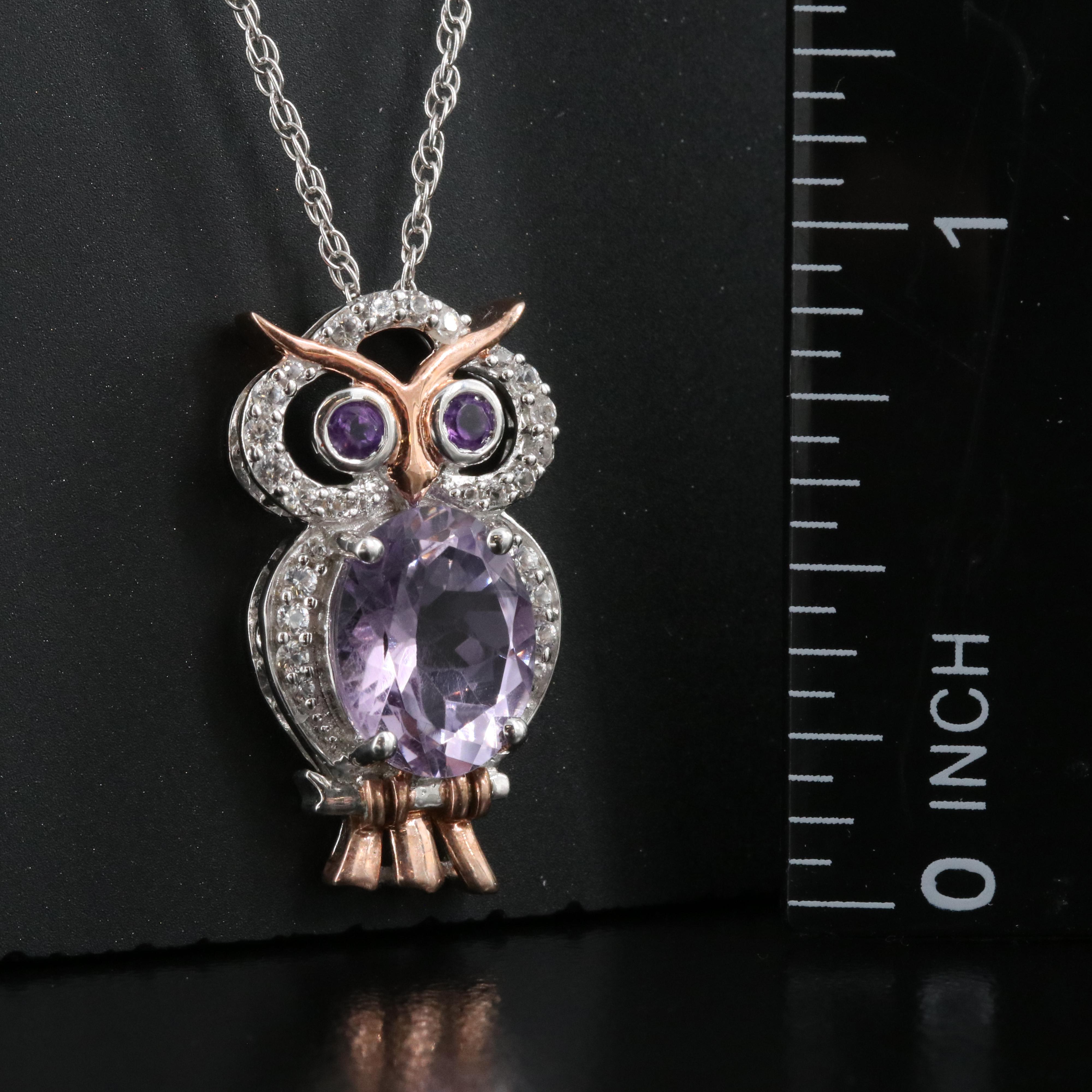 Sterling Amethyst and Sapphire Owl Pendant Necklace