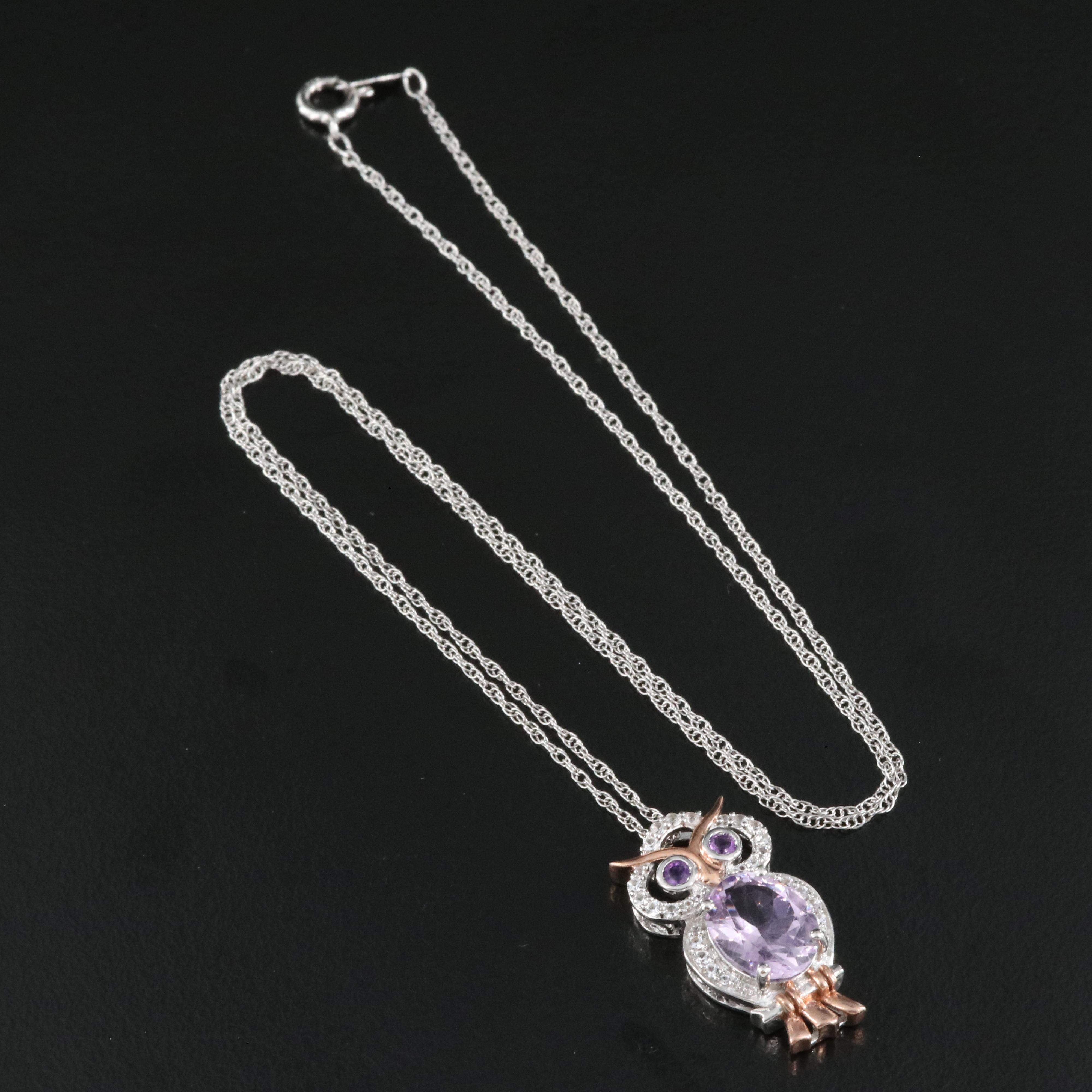 Sterling Amethyst and Sapphire Owl Pendant Necklace
