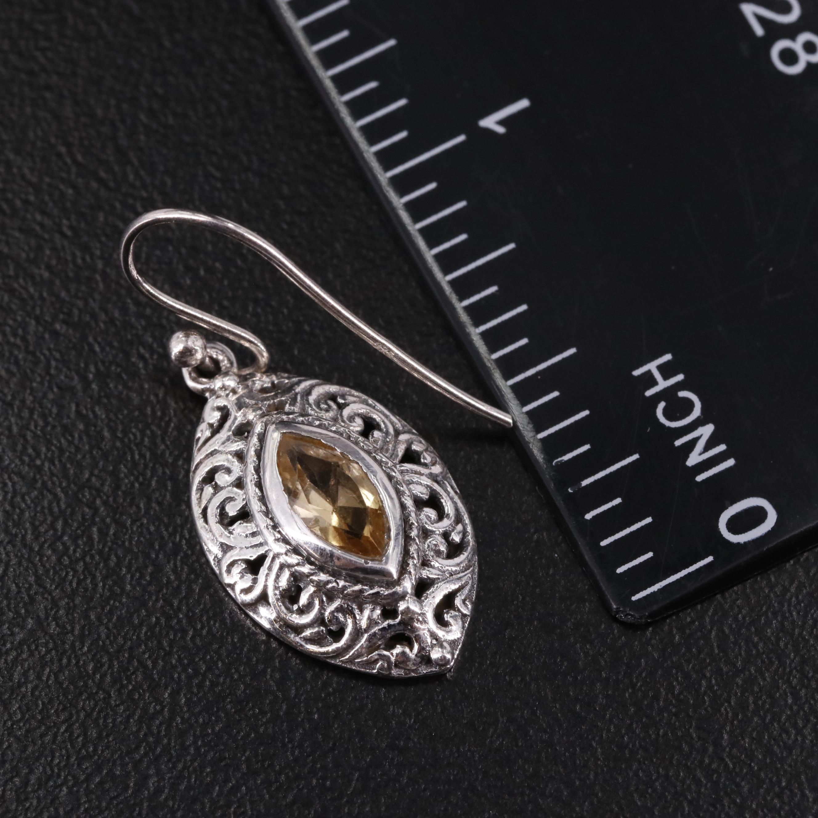 Bali Inspired Sterling and Citrine Drop Earrings