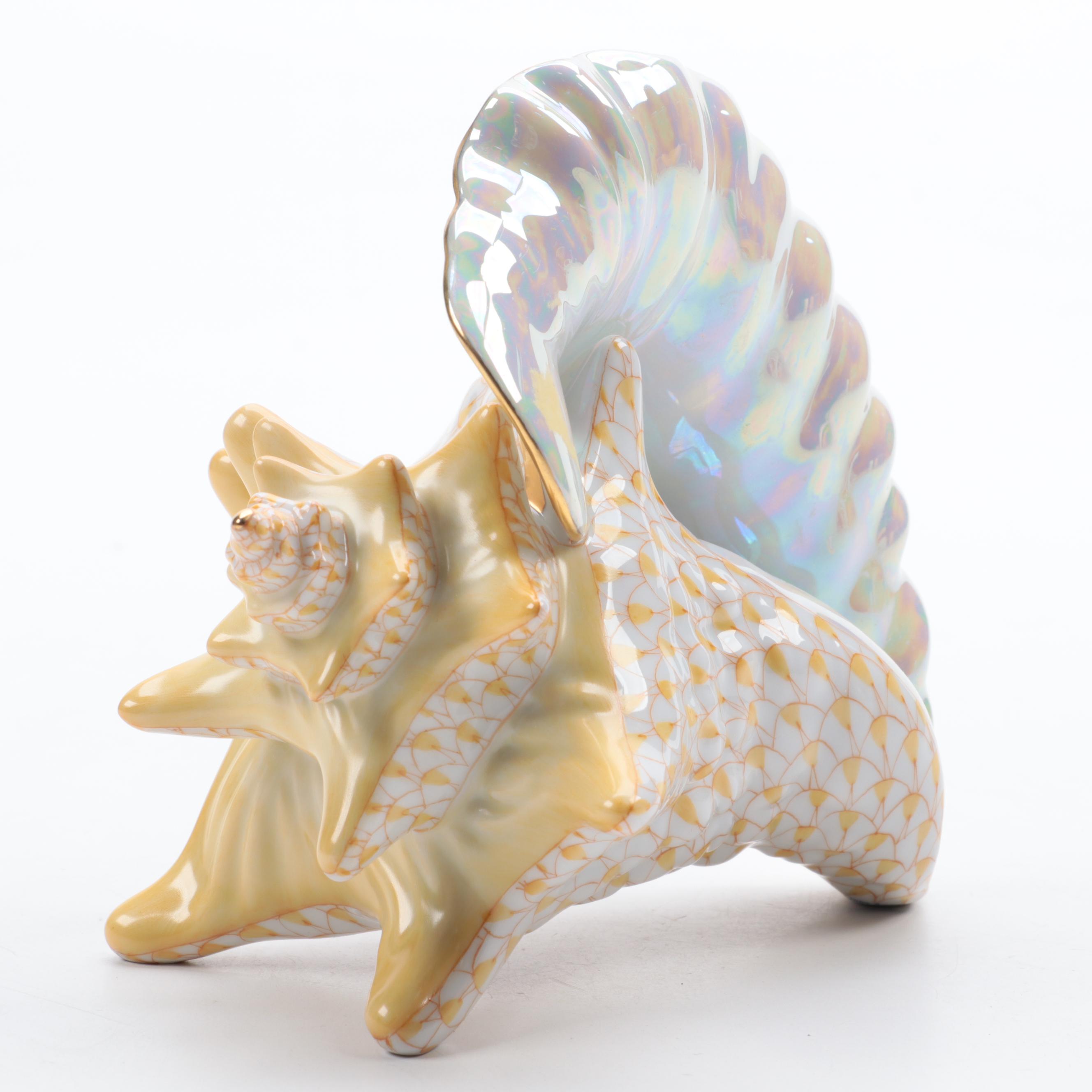 Herend Butterscotch Fishnet With Gold "Conch Shell" Porcelain Figurine, 2001
