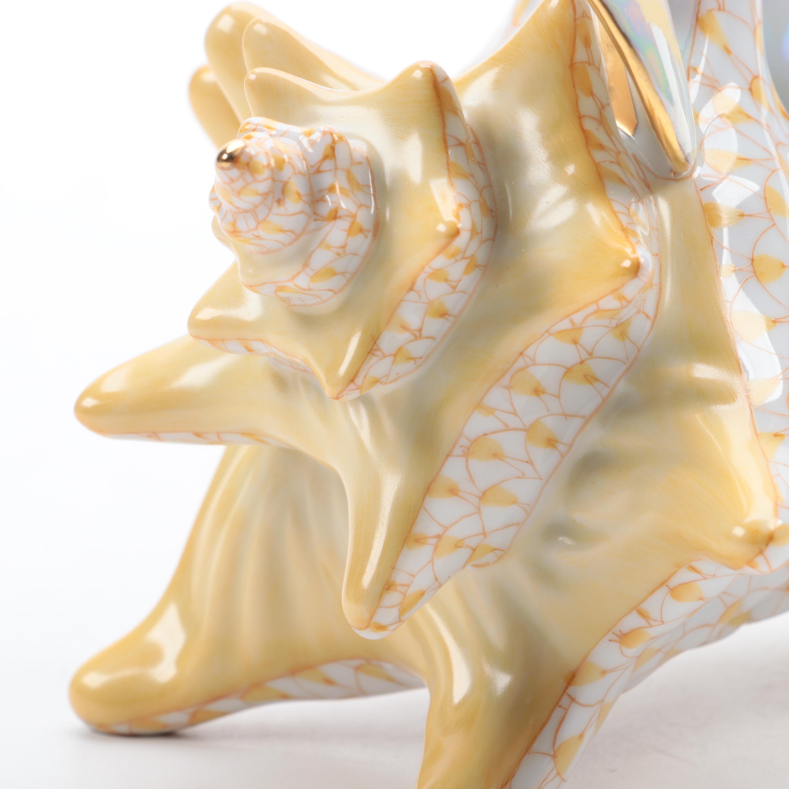 Herend Butterscotch Fishnet With Gold "Conch Shell" Porcelain Figurine, 2001