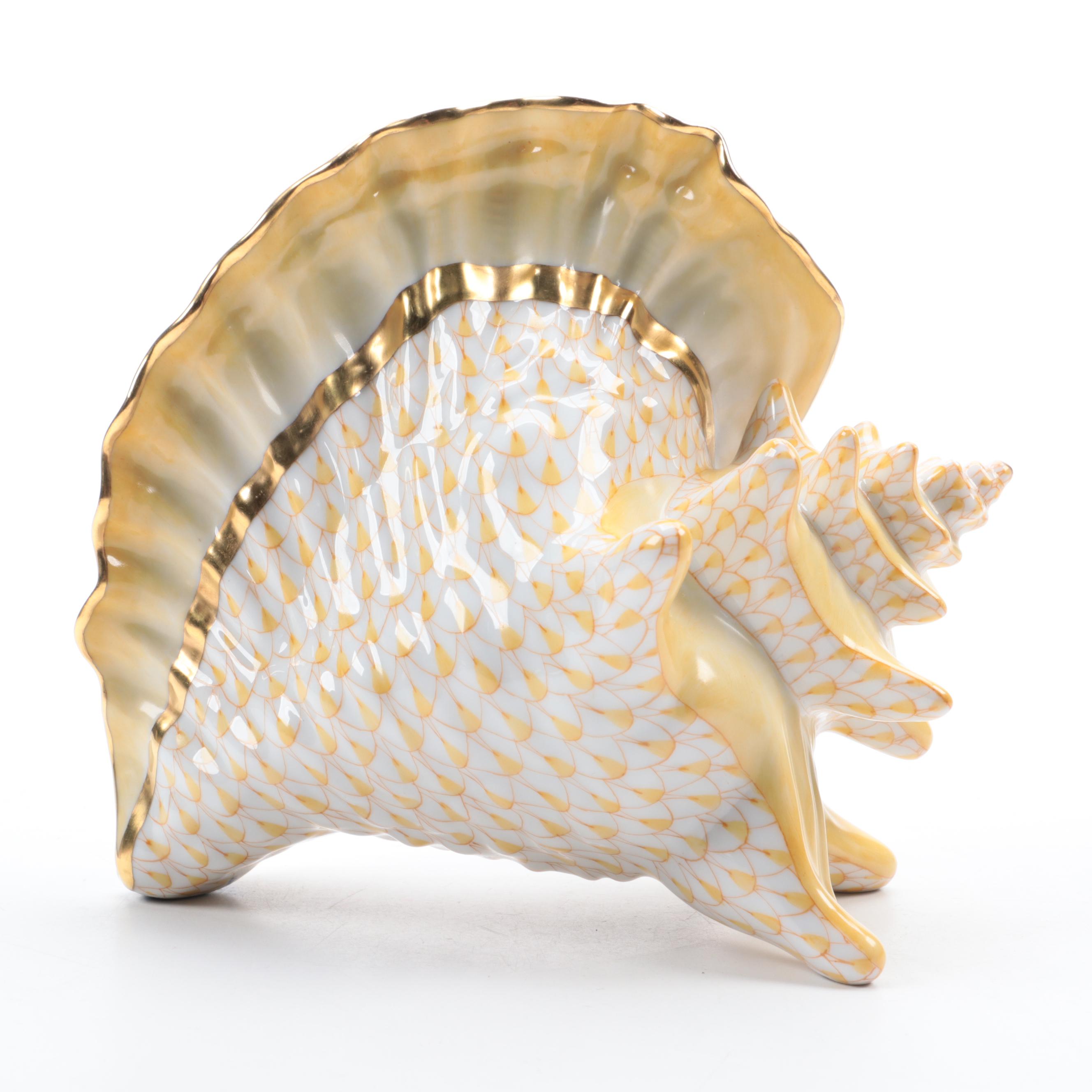 Herend Butterscotch Fishnet With Gold "Conch Shell" Porcelain Figurine, 2001