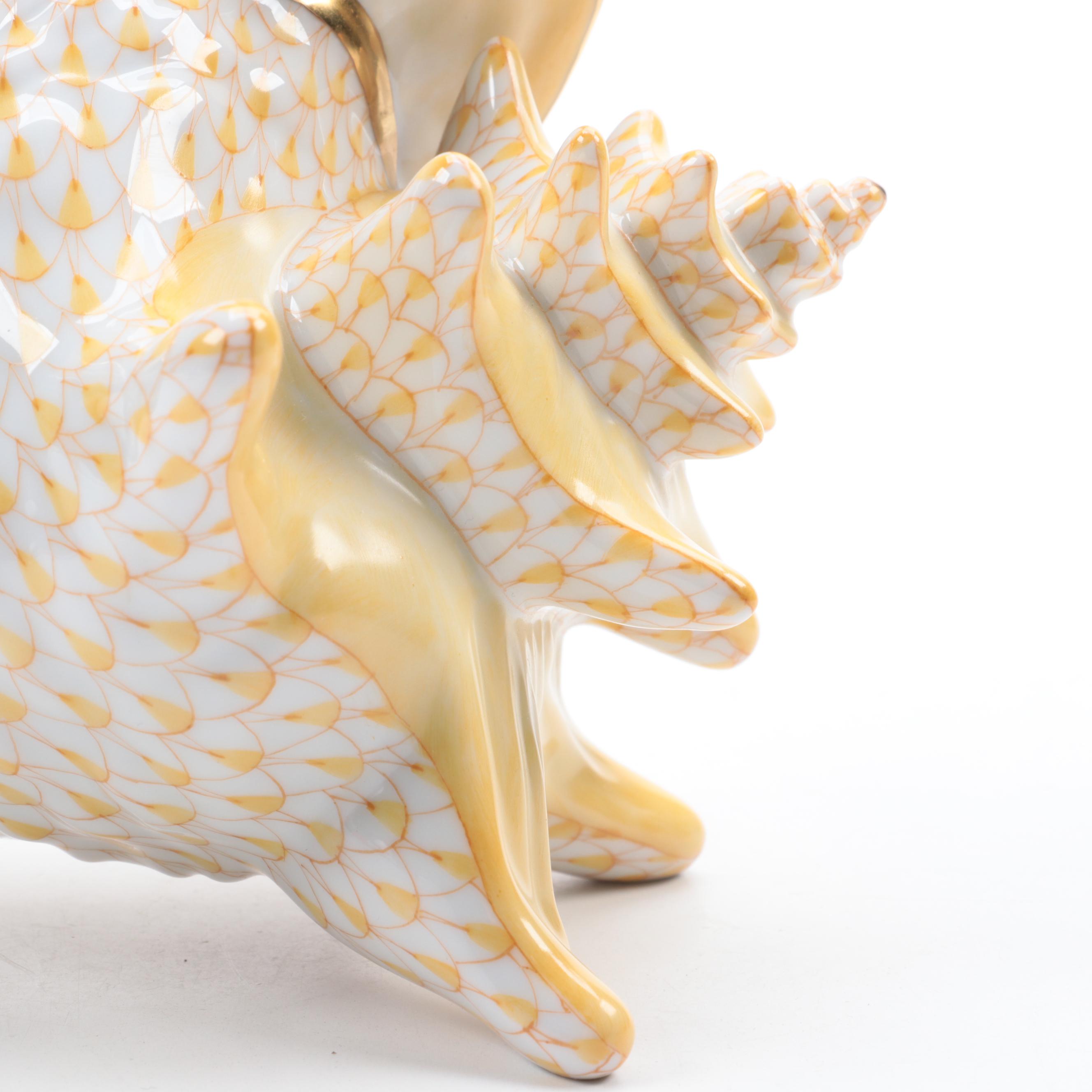 Herend Butterscotch Fishnet With Gold "Conch Shell" Porcelain Figurine, 2001