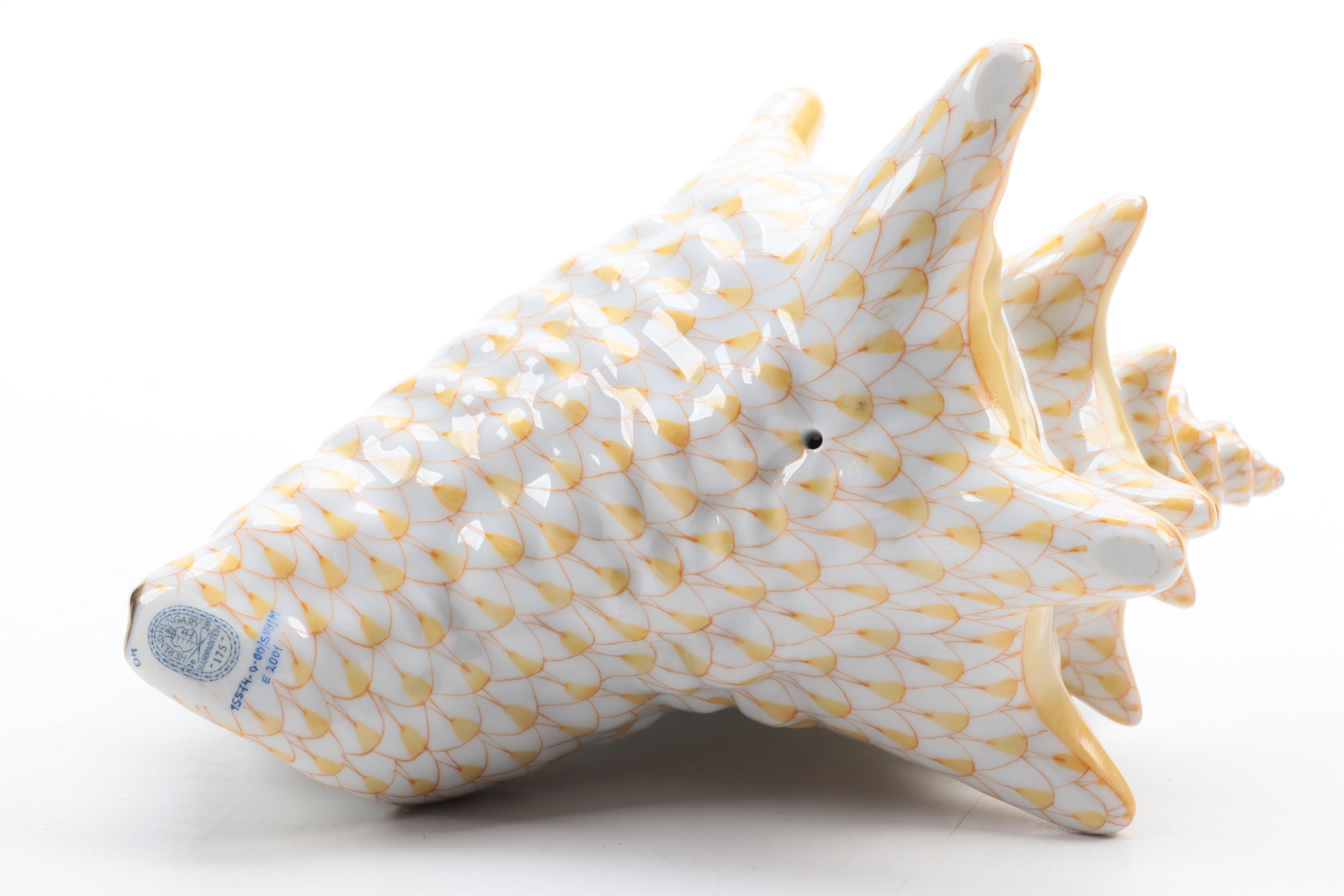 Herend Butterscotch Fishnet With Gold "Conch Shell" Porcelain Figurine, 2001
