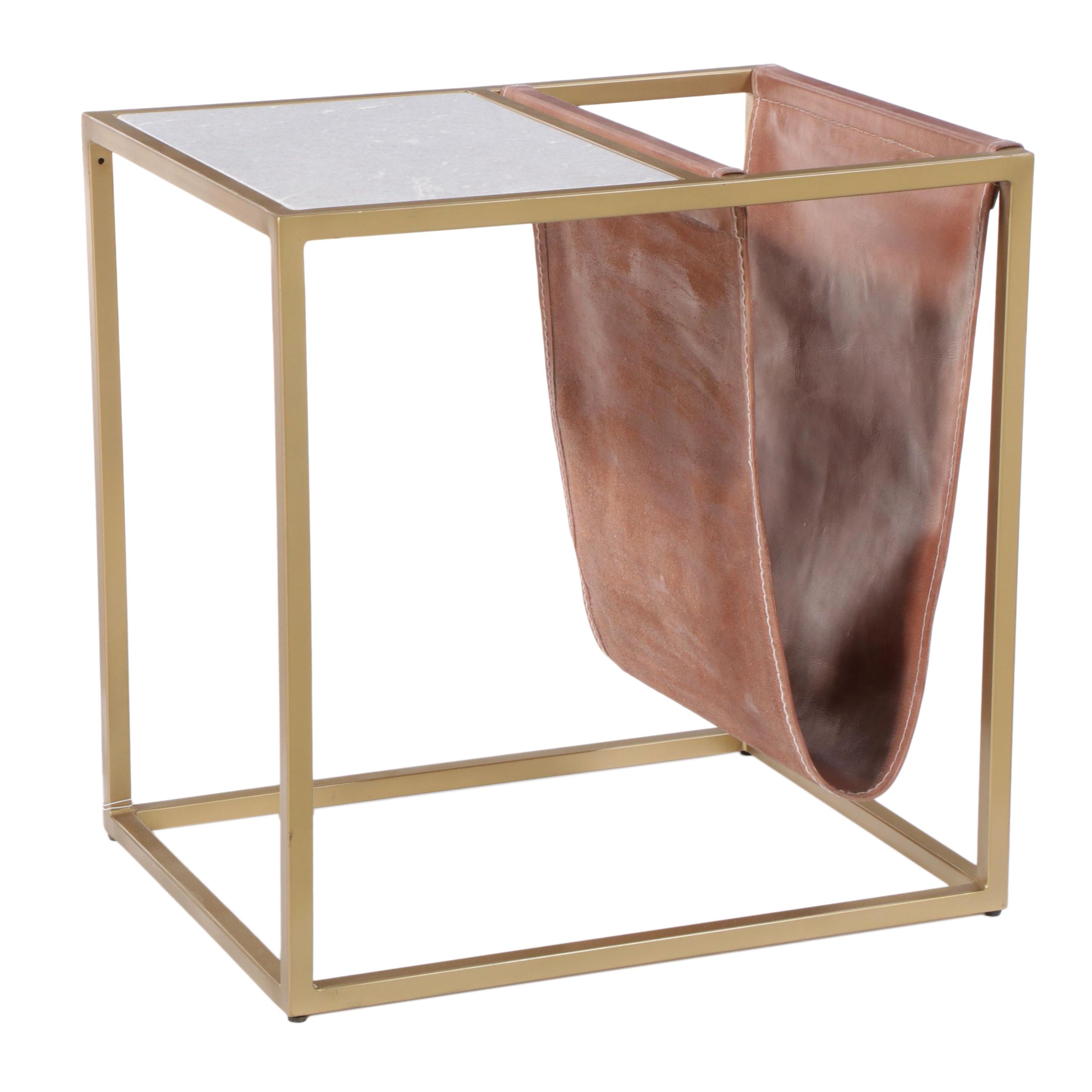 Gold Tone Metal Marble Top Side Table With Leather Magazine Sling