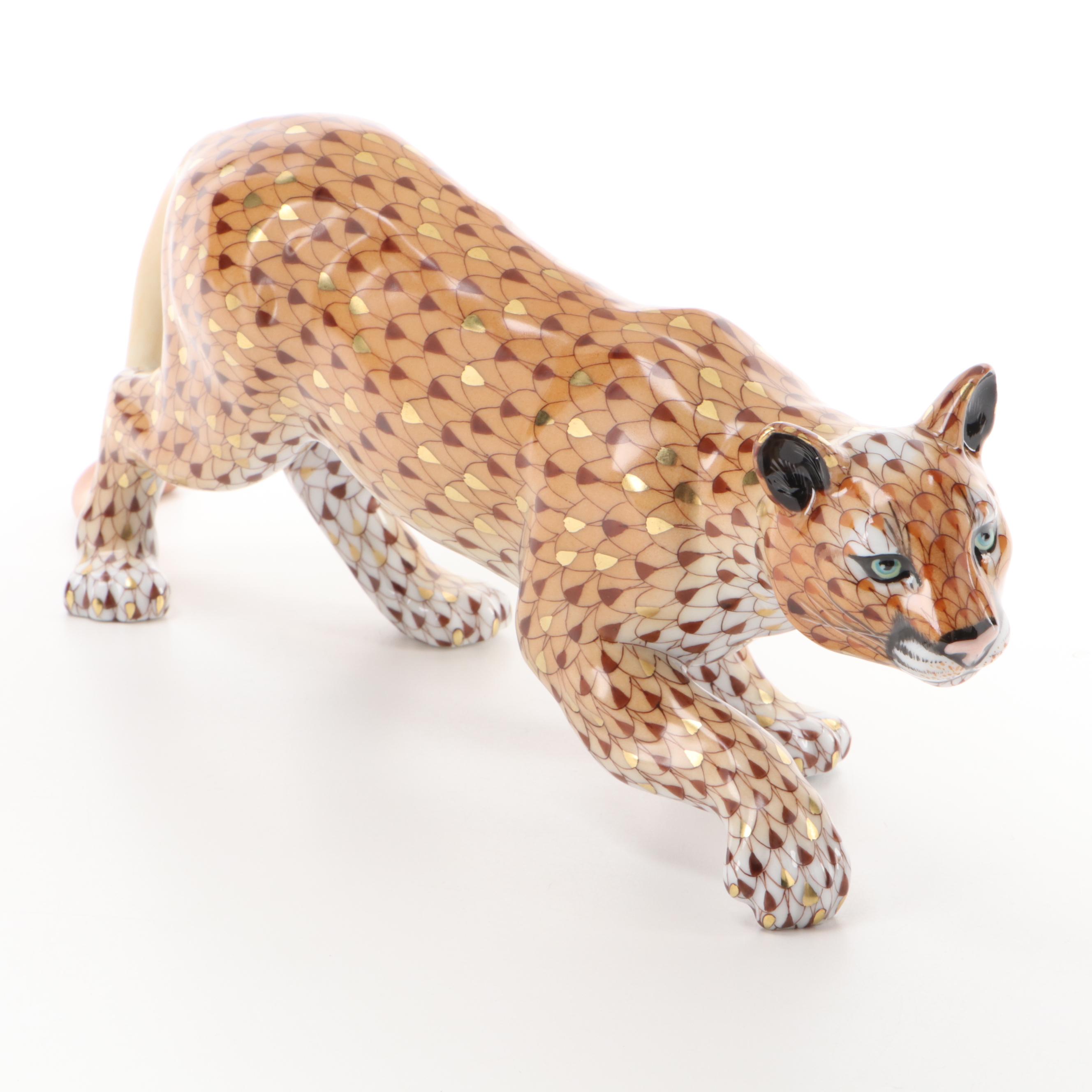 Herend Reserve Brown and Gold Fishnet "Mountain Lion" Porcelain Figurine