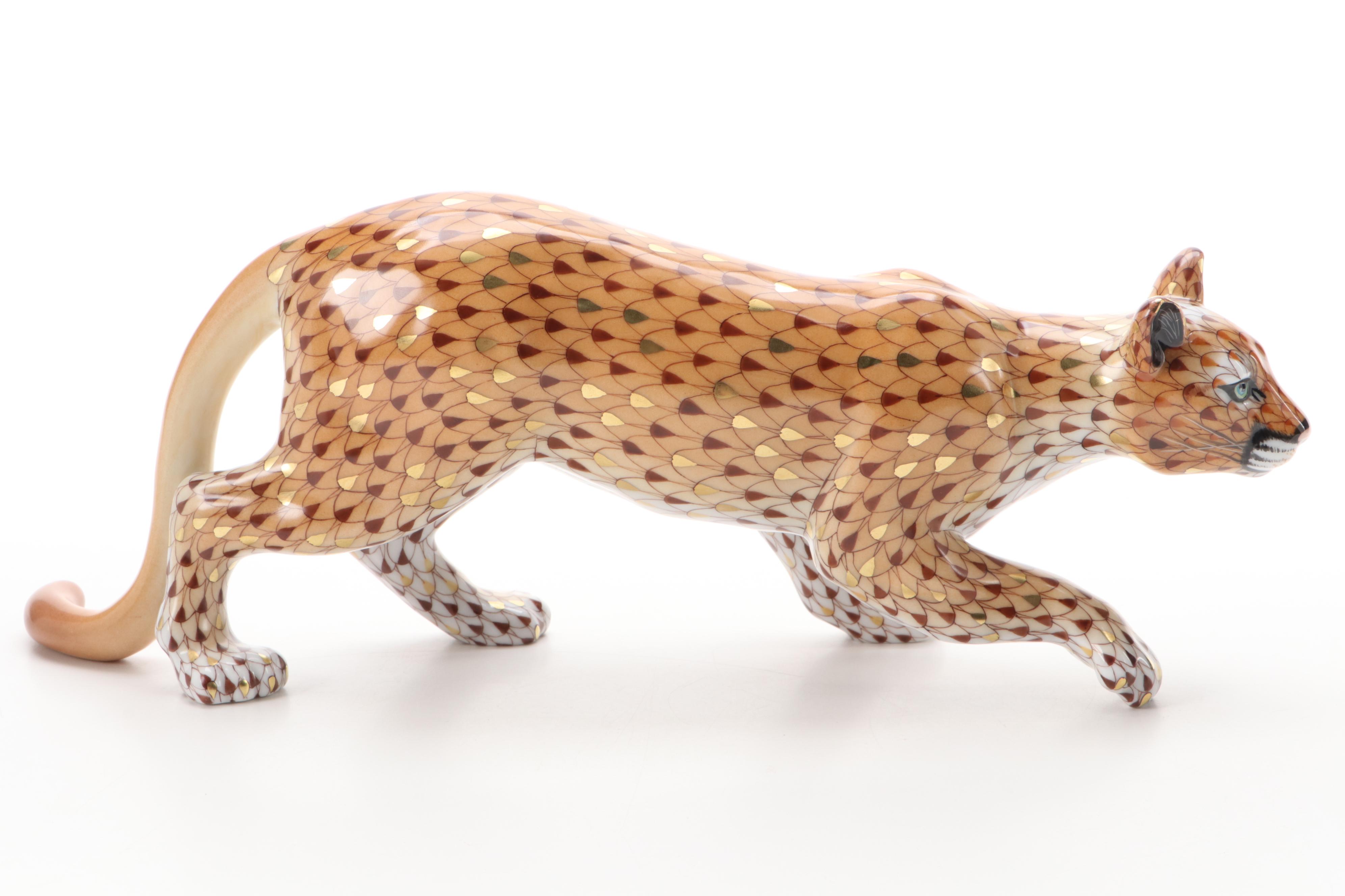 Herend Reserve Brown and Gold Fishnet "Mountain Lion" Porcelain Figurine