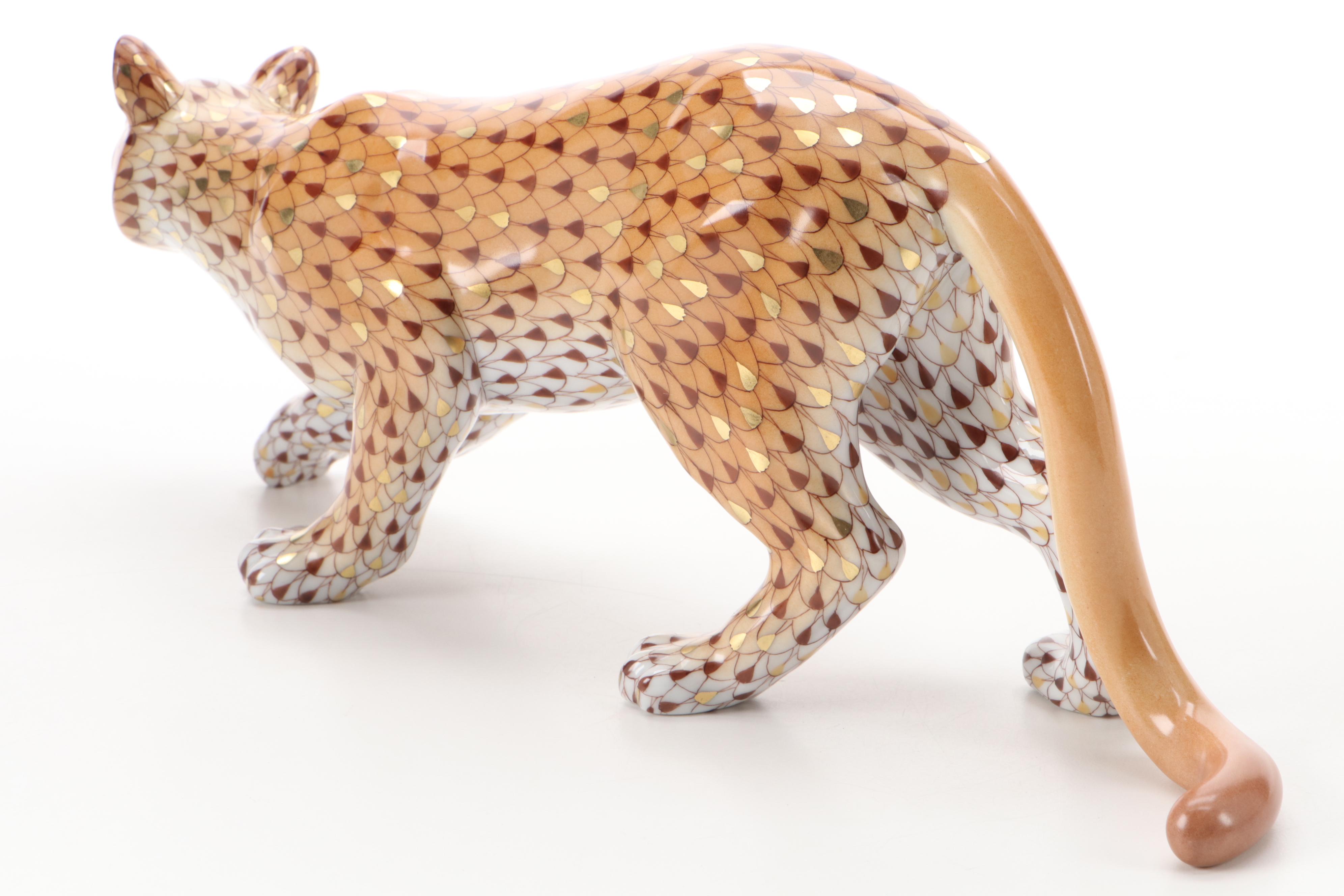 Herend Reserve Brown and Gold Fishnet "Mountain Lion" Porcelain Figurine