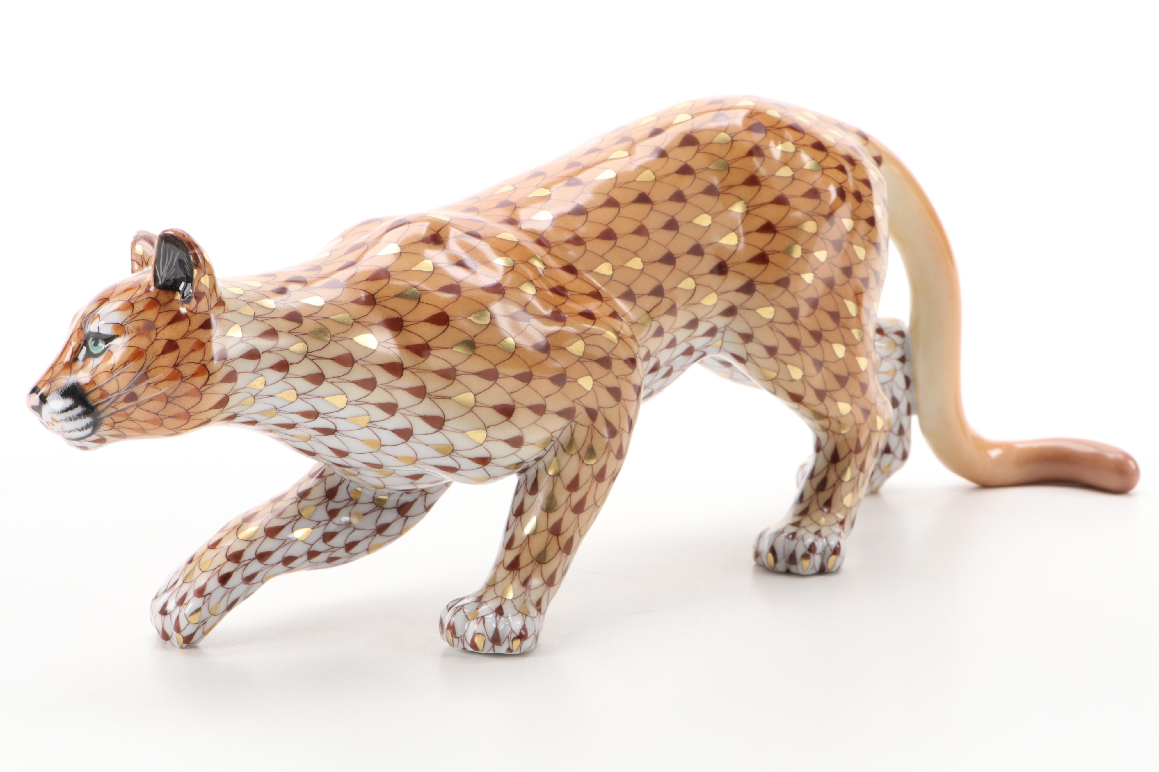 Herend Reserve Brown and Gold Fishnet "Mountain Lion" Porcelain Figurine