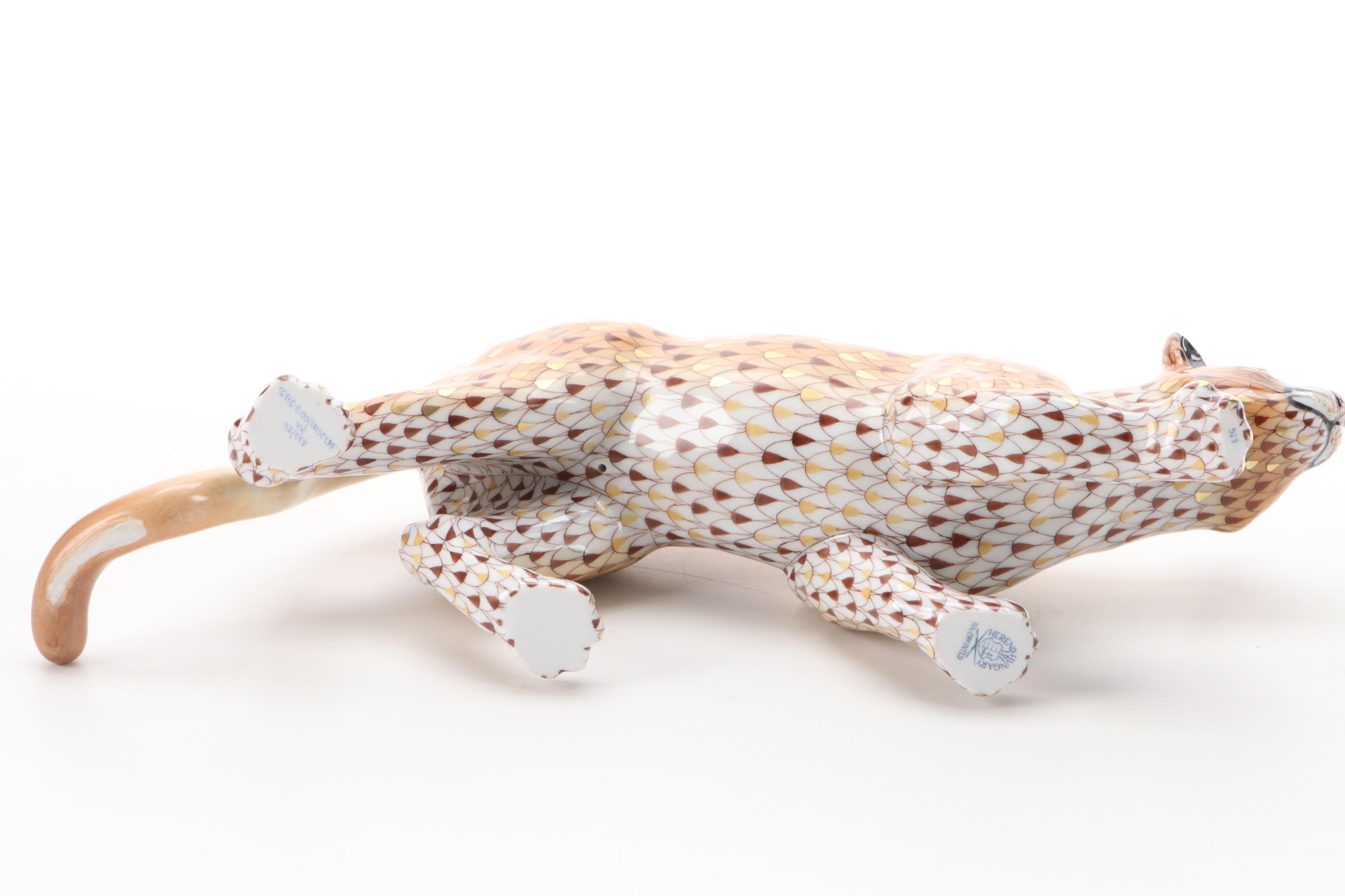 Herend Reserve Brown and Gold Fishnet "Mountain Lion" Porcelain Figurine