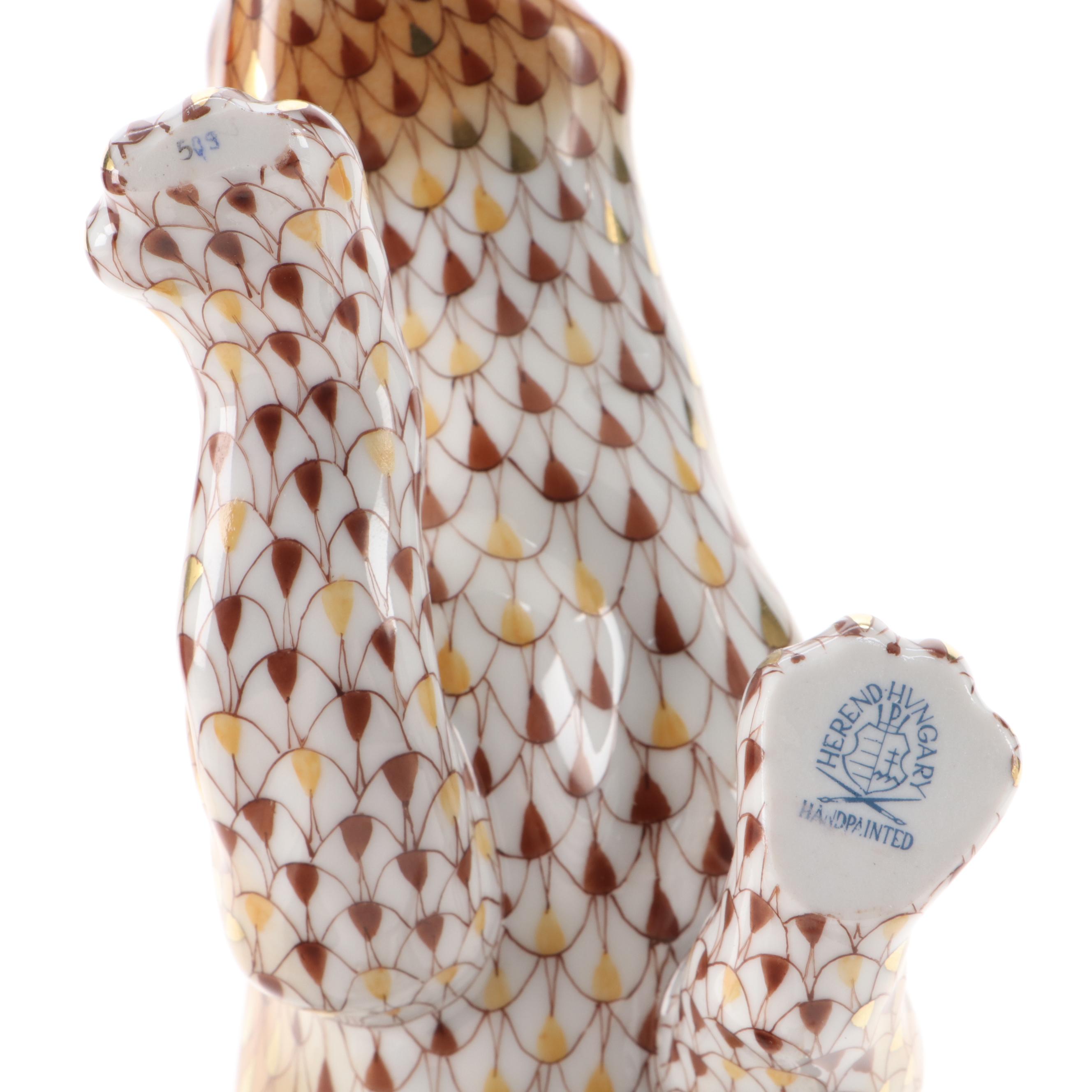 Herend Reserve Brown and Gold Fishnet "Mountain Lion" Porcelain Figurine