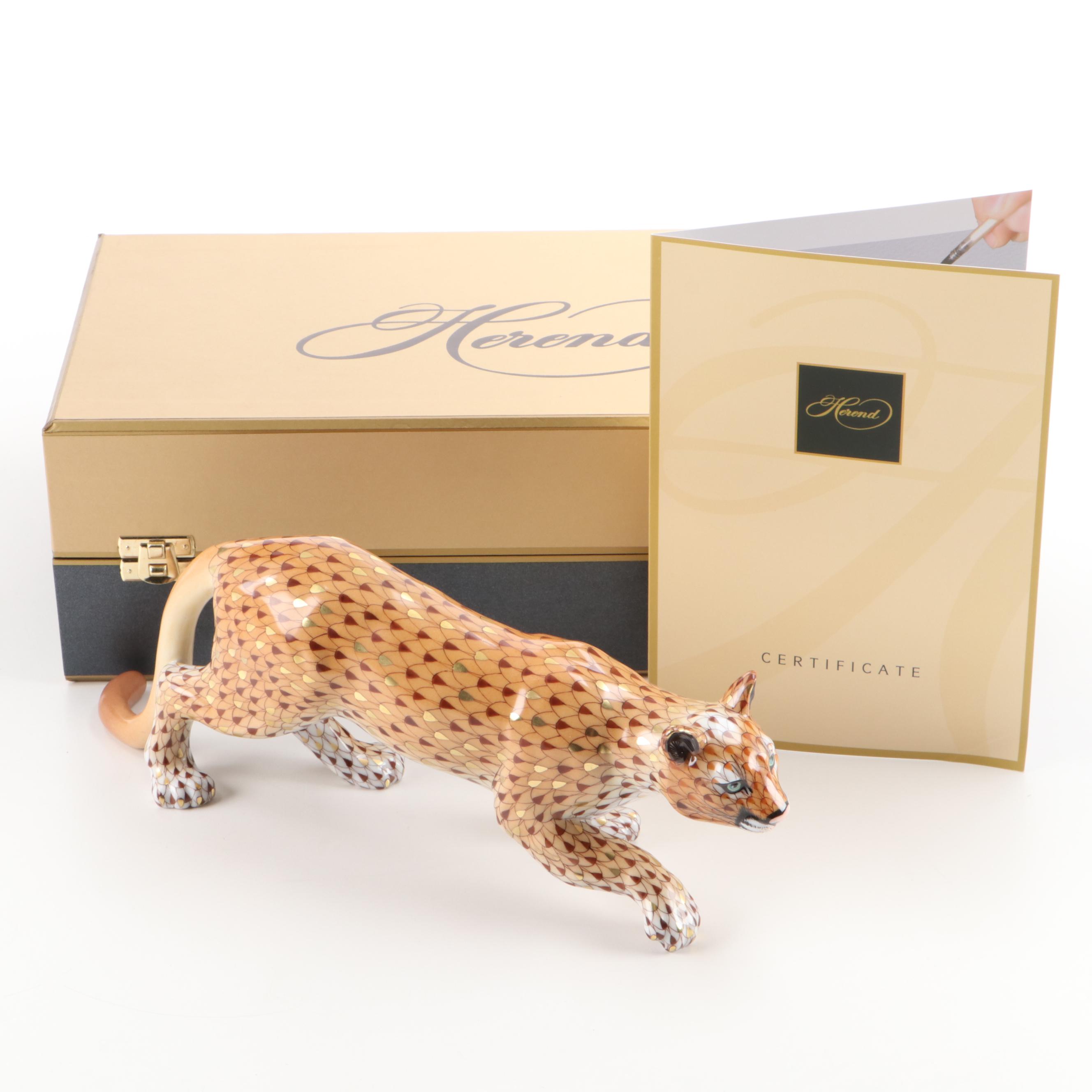 Herend Reserve Brown and Gold Fishnet "Mountain Lion" Porcelain Figurine