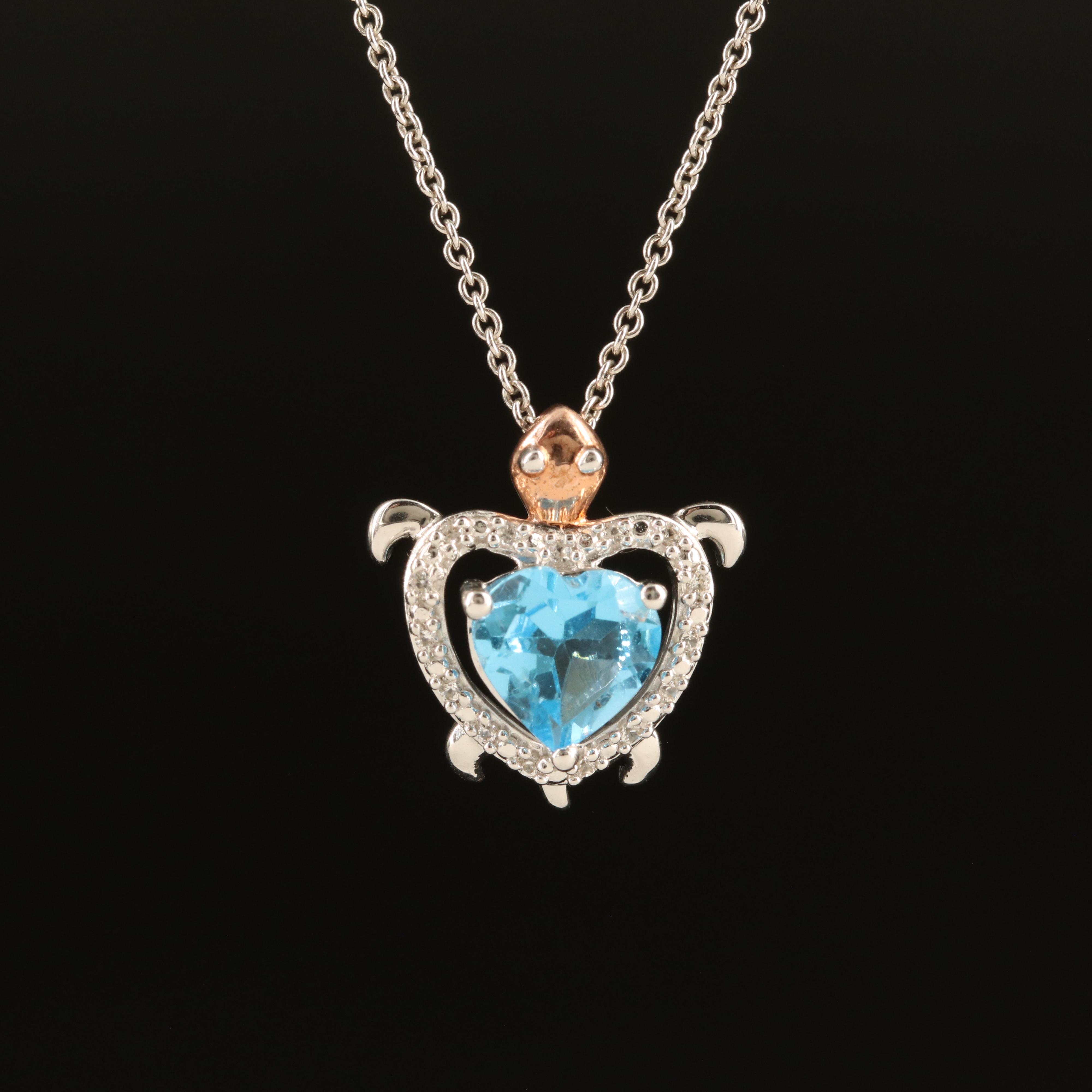 Sterling Topaz and White Sapphire Turtle Pendant Necklace