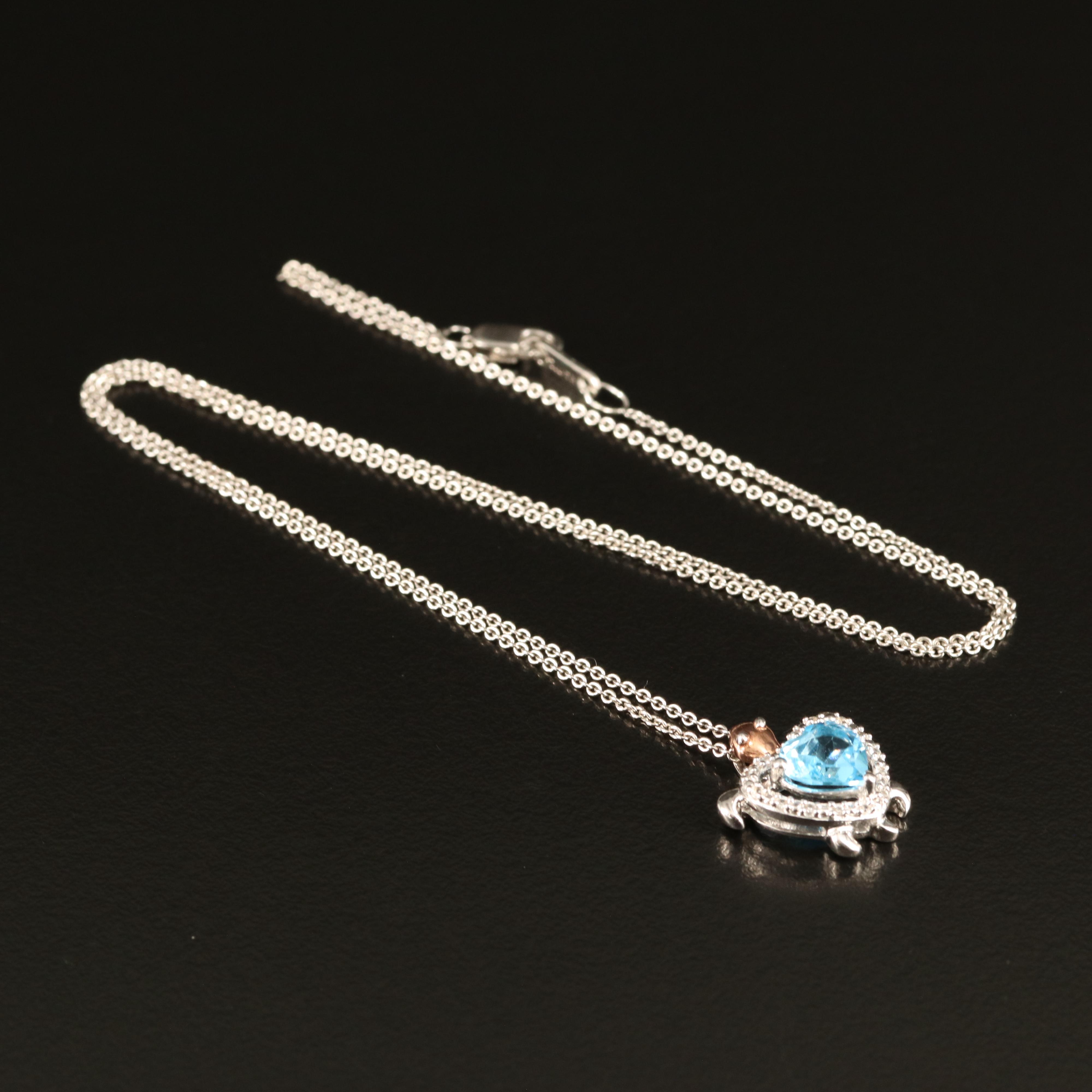 Sterling Topaz and White Sapphire Turtle Pendant Necklace