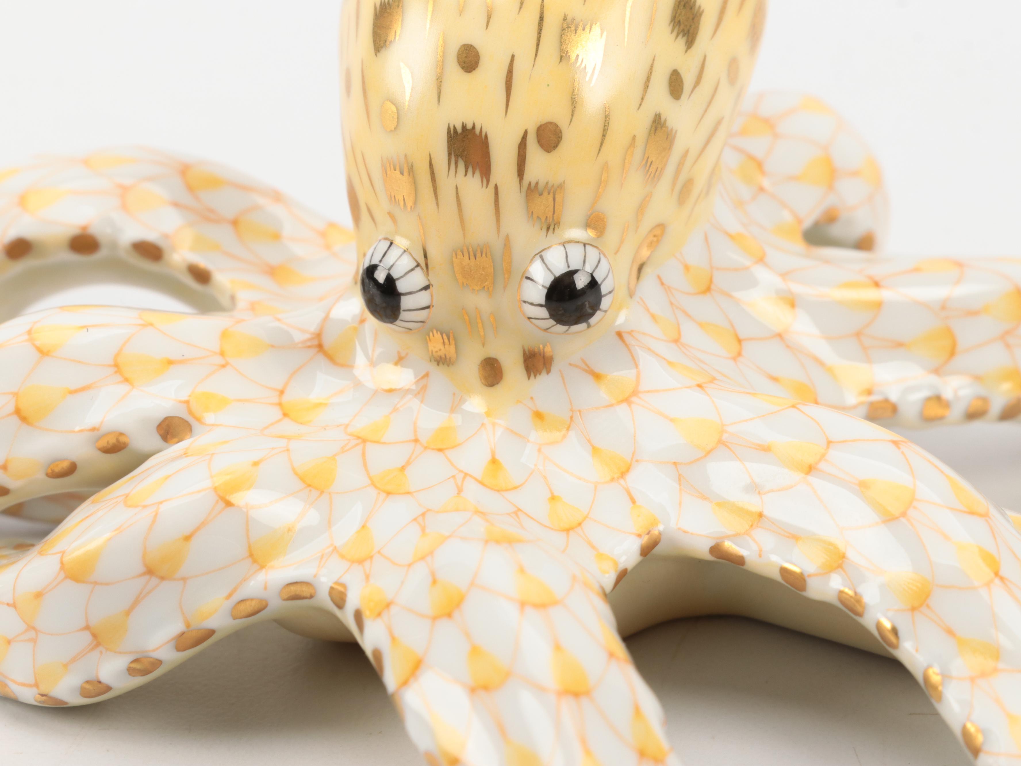 Herend Butterscotch Fishnet with Gold "Octopus" Porcelain Figurine