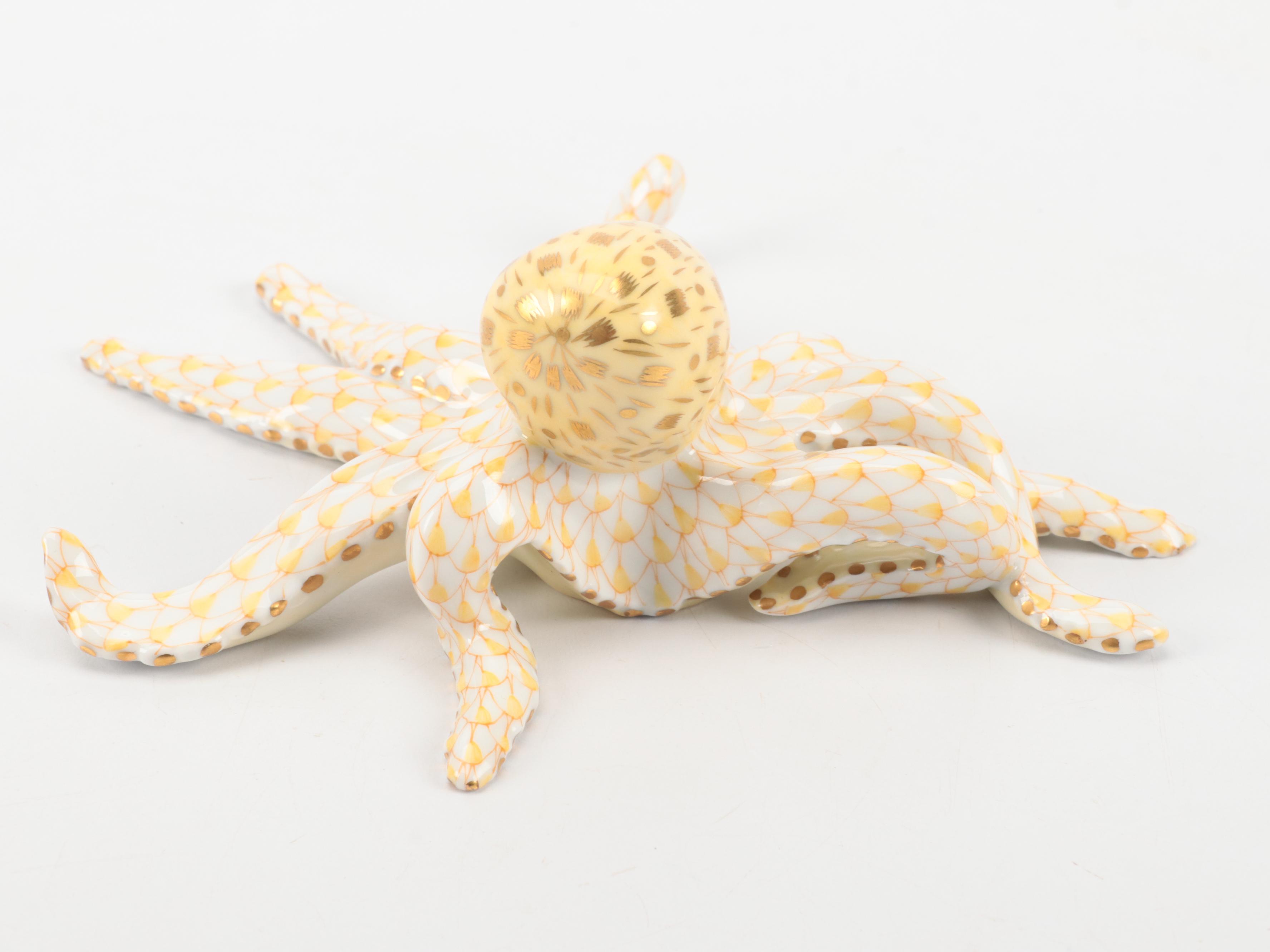 Herend Butterscotch Fishnet with Gold "Octopus" Porcelain Figurine