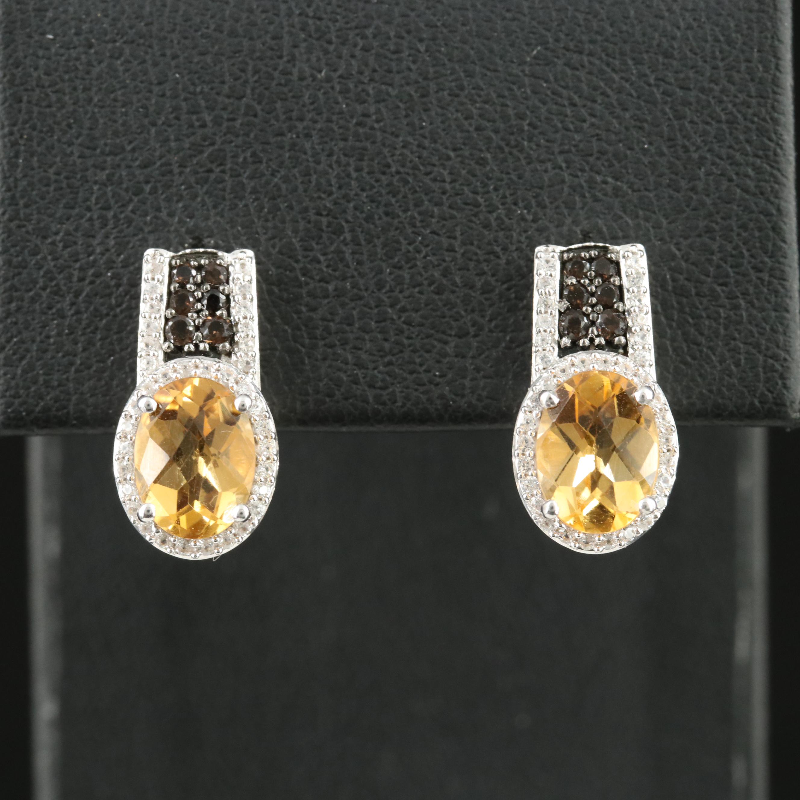 Sterling Citrine, Smoky Quartz and Sapphire Earrings
