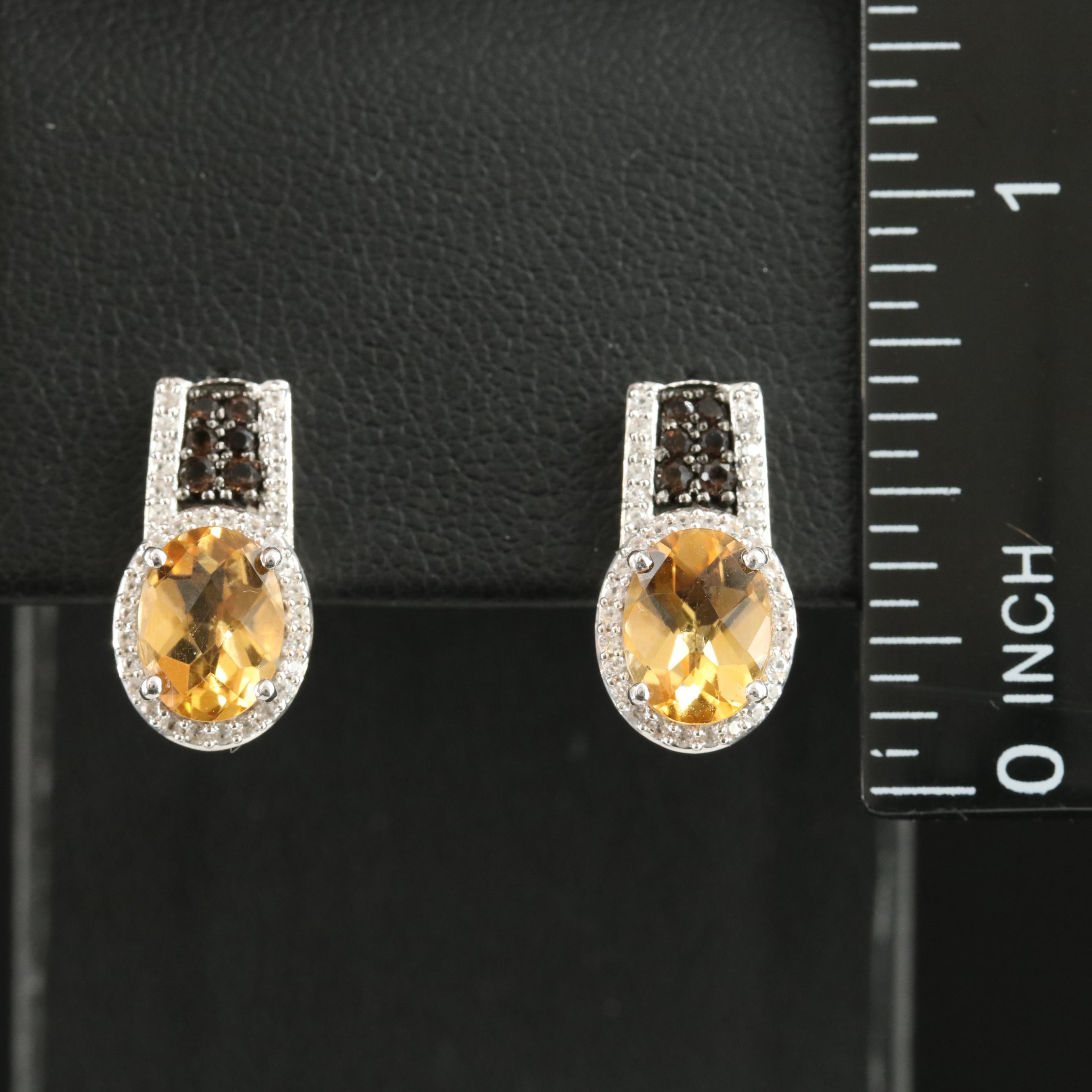 Sterling Citrine, Smoky Quartz and Sapphire Earrings