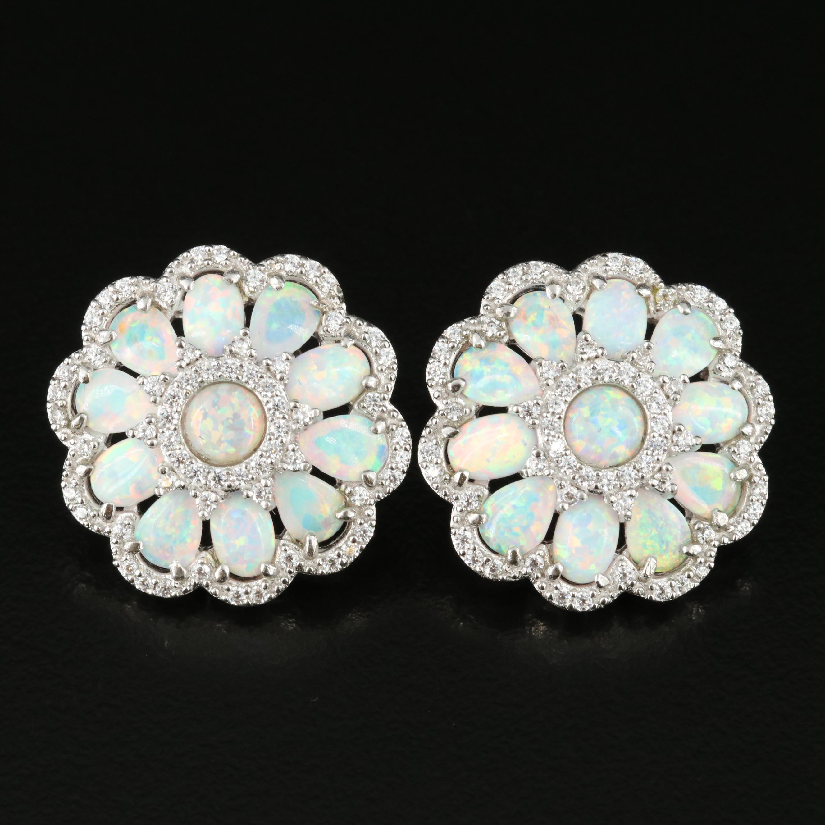 Sterling Opal and Cubic Zirconia Earrings with Scalloped Edges