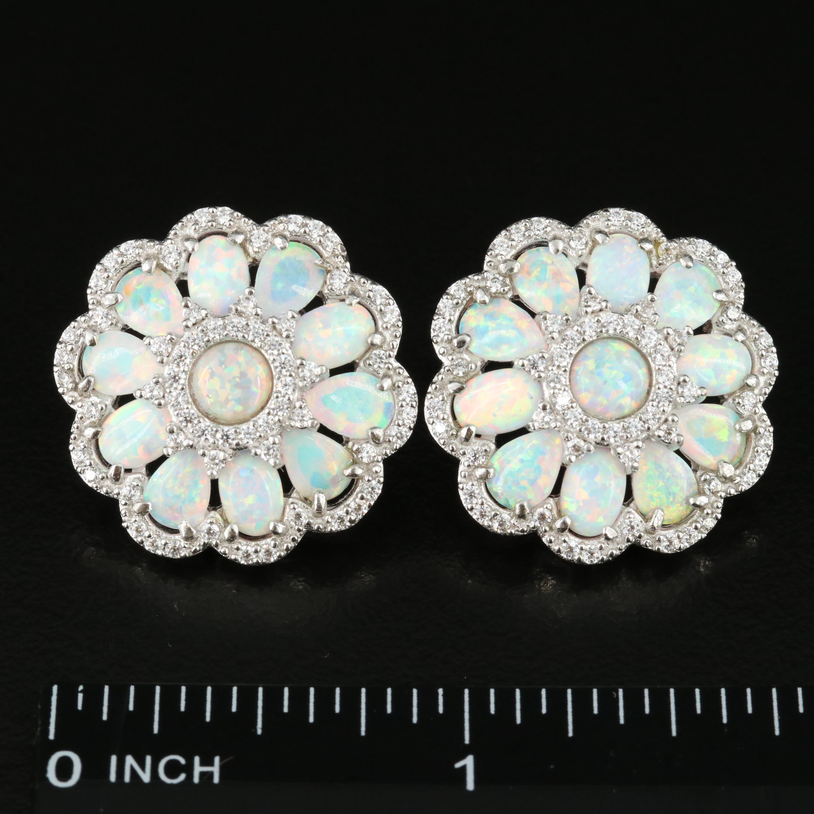 Sterling Opal and Cubic Zirconia Earrings with Scalloped Edges
