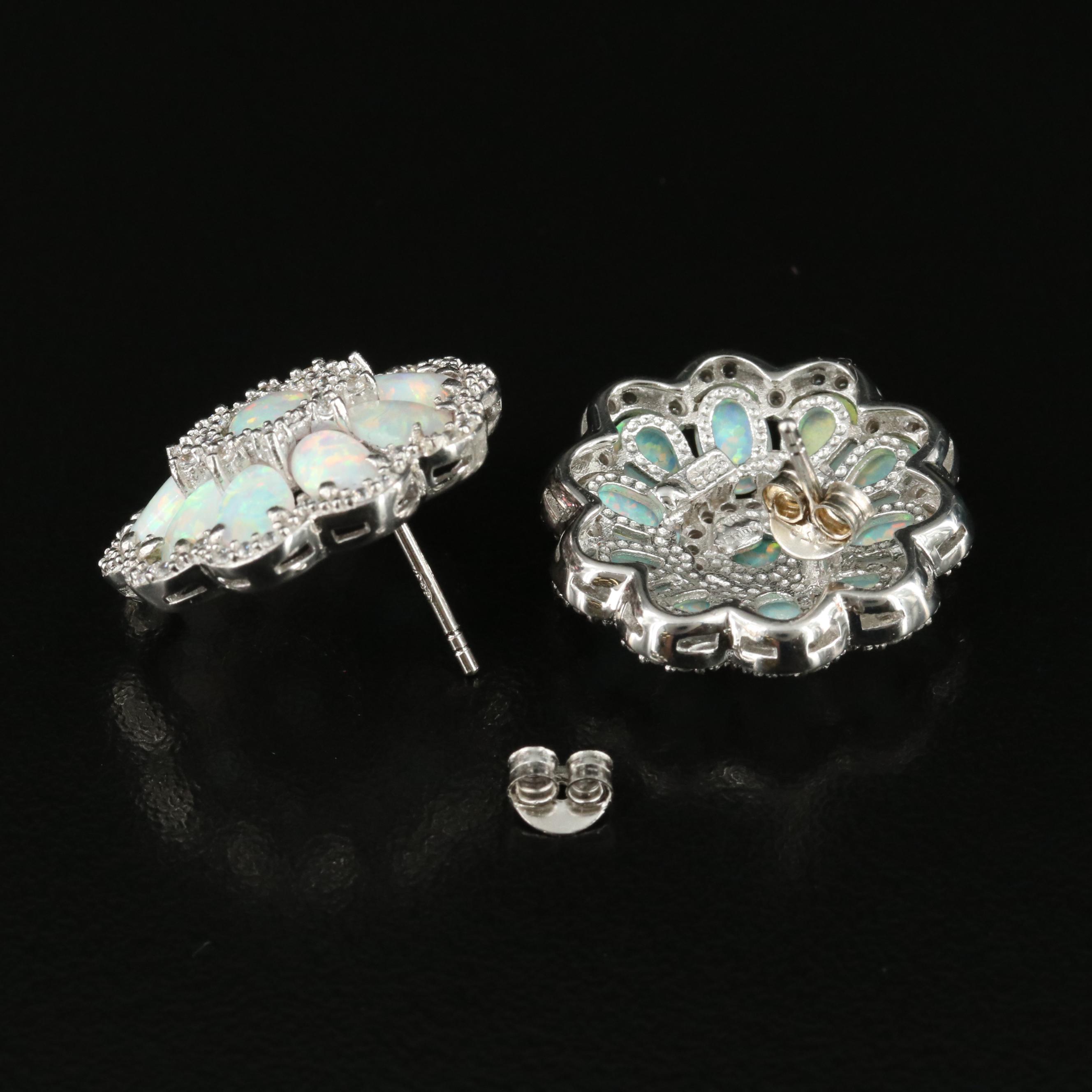 Sterling Opal and Cubic Zirconia Earrings with Scalloped Edges
