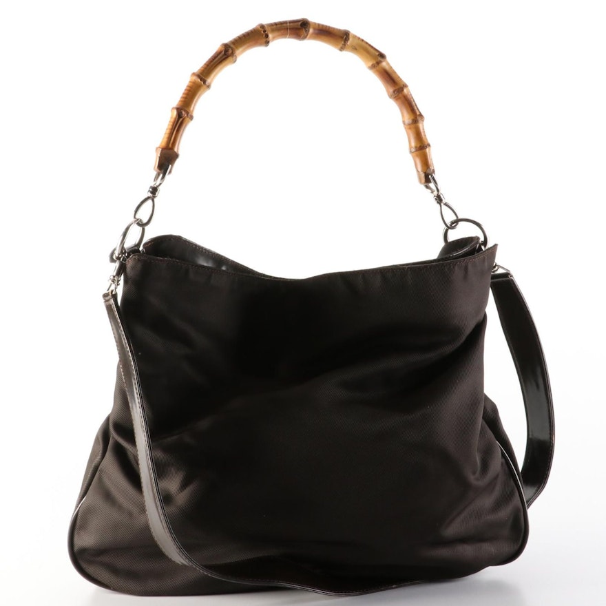 Gucci Bamboo Shoulder Bag in Nylon and Leather with Shoulder Strap