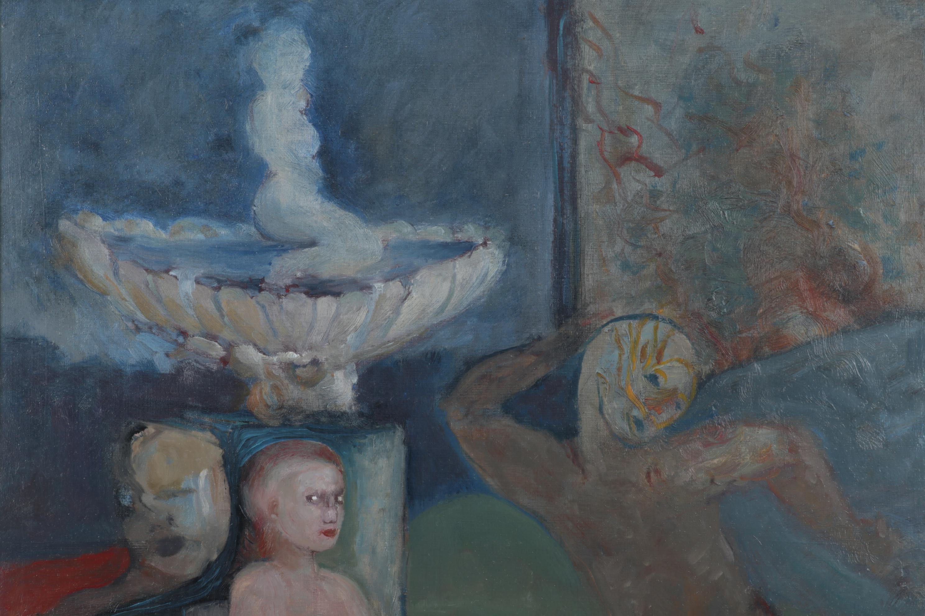 Oil Painting of Nude Figures Next to Fountain, Circa 1970