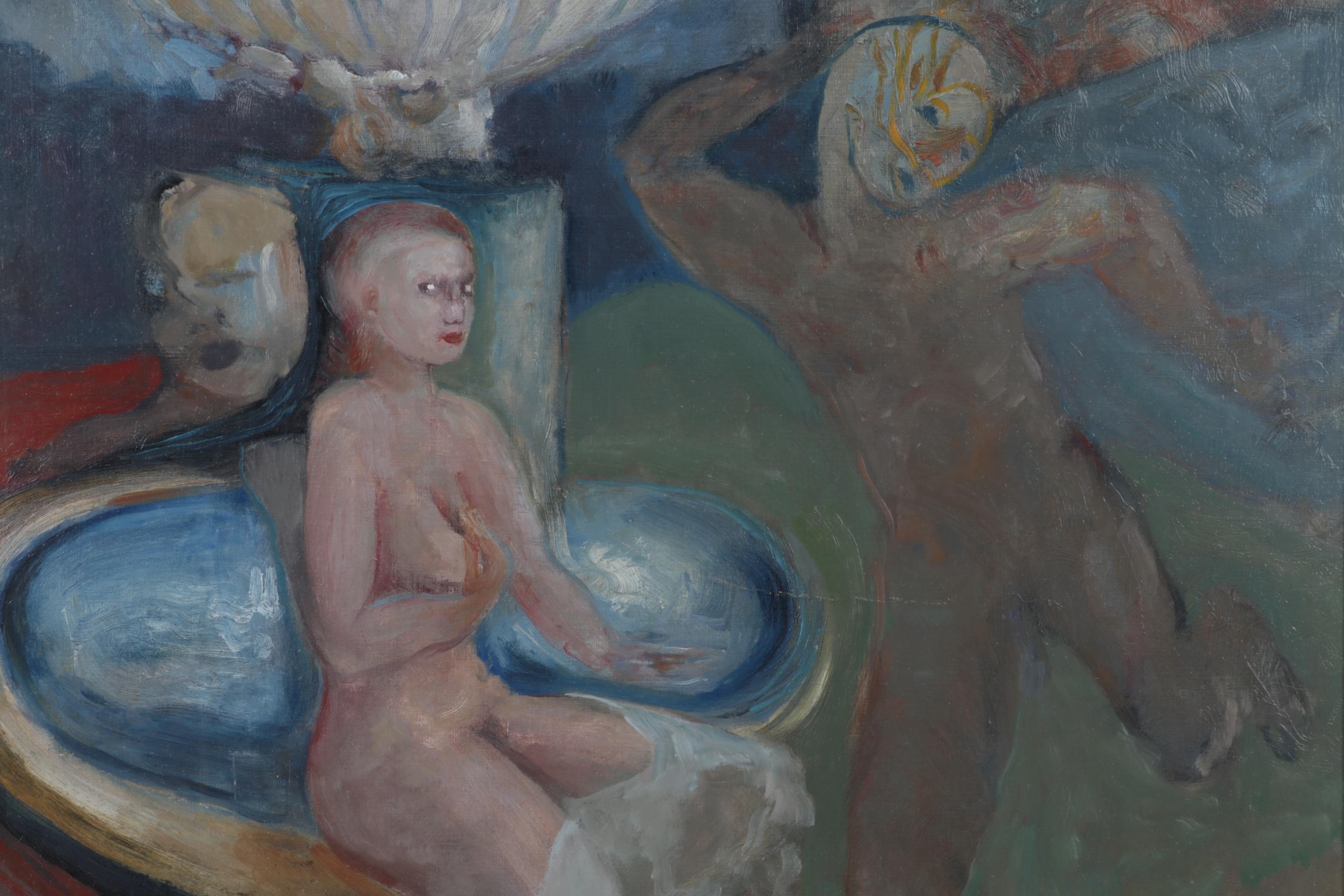 Oil Painting of Nude Figures Next to Fountain, Circa 1970