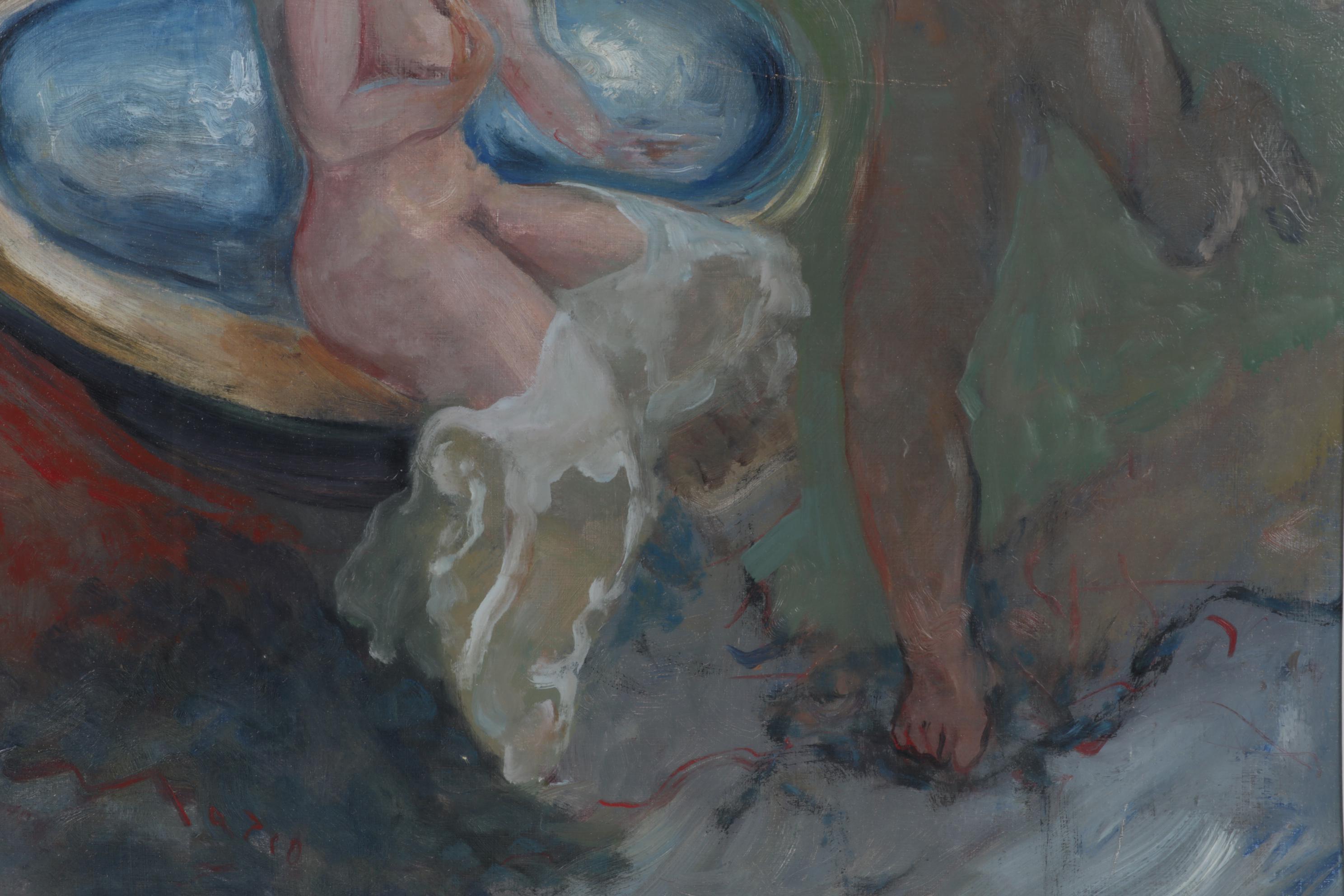 Oil Painting of Nude Figures Next to Fountain, Circa 1970