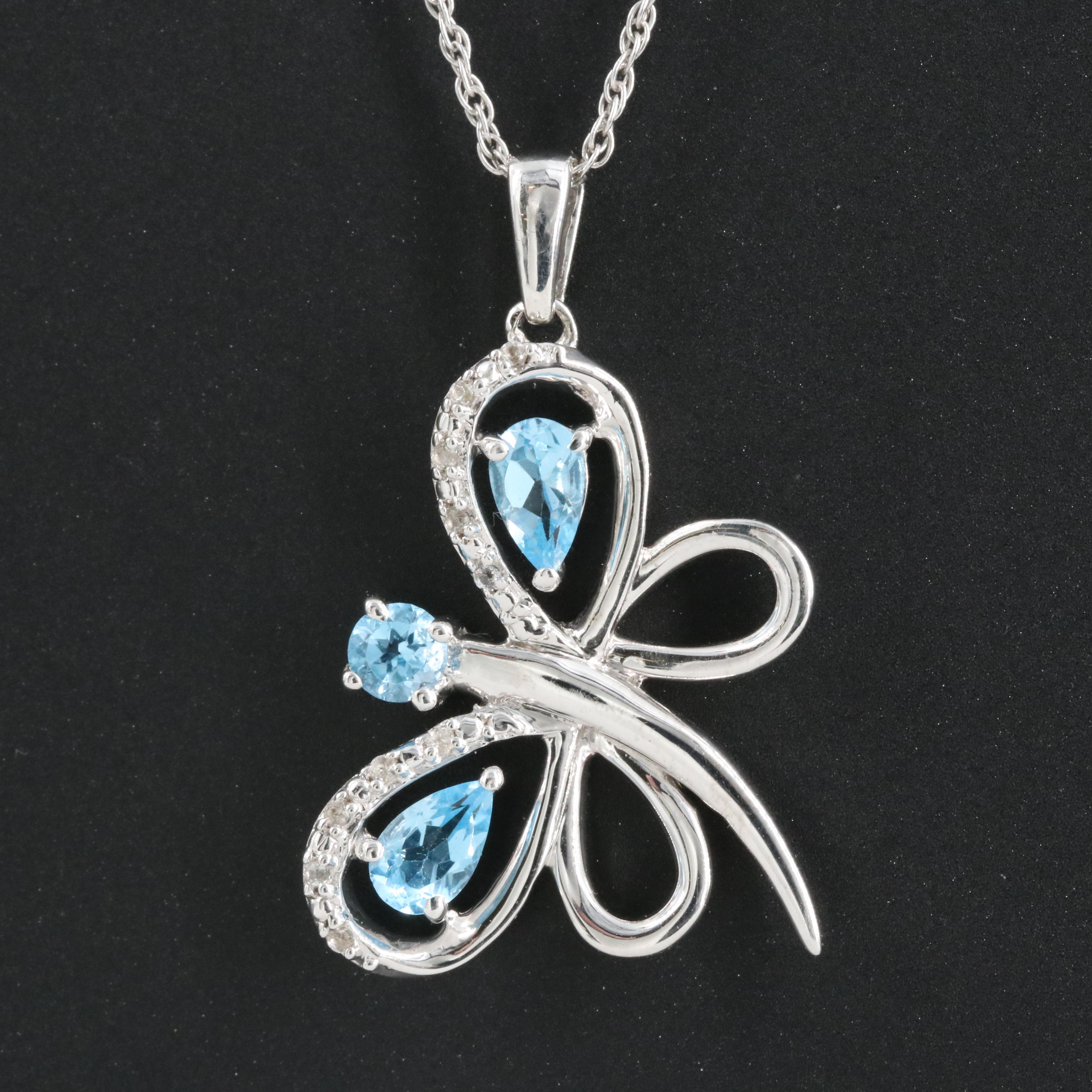 Sterling Sky Blue Topaz and Sapphire Butterfly Pendant Necklace