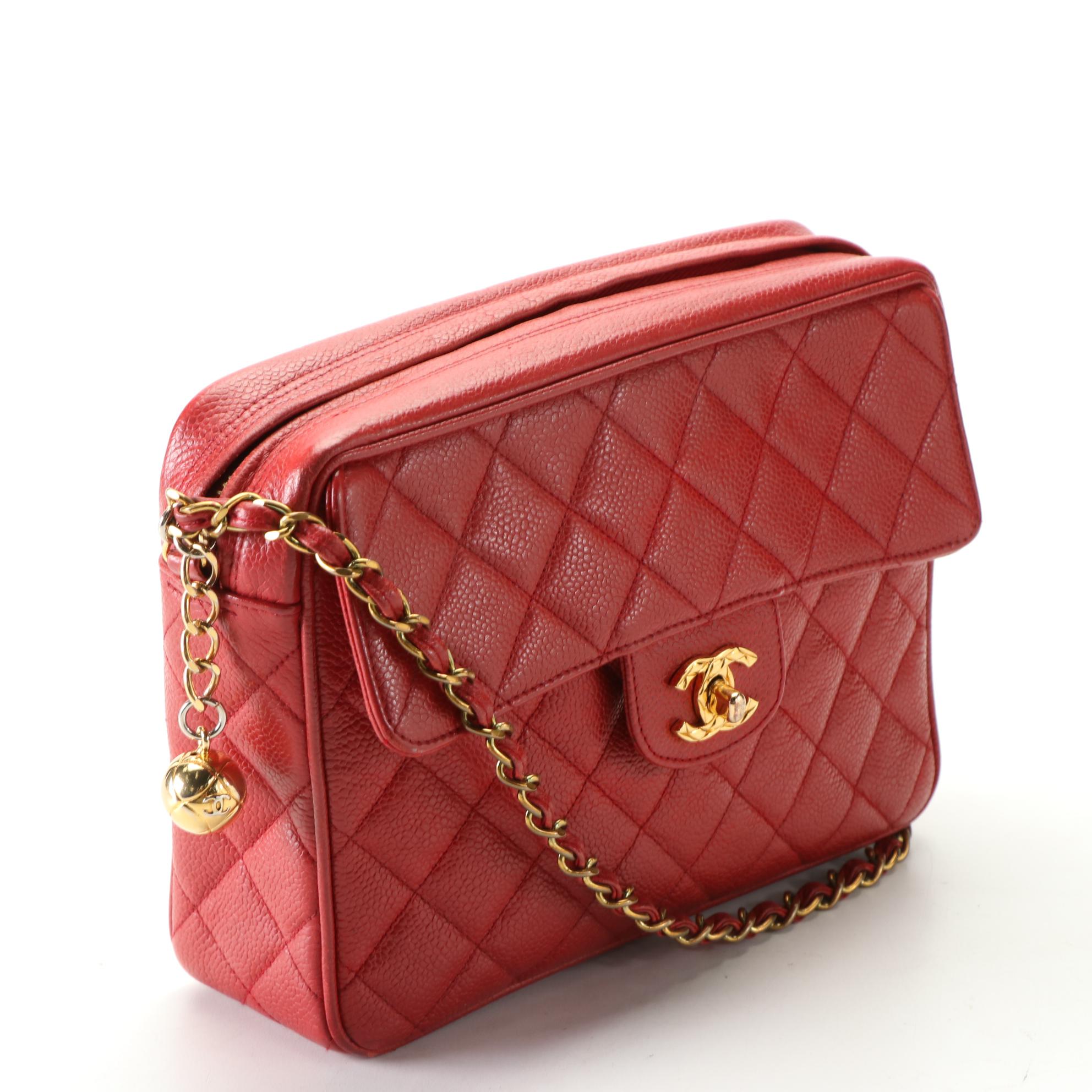 Chanel Front Pocket Top Zip Shoulder Bag in Red Caviar Leather