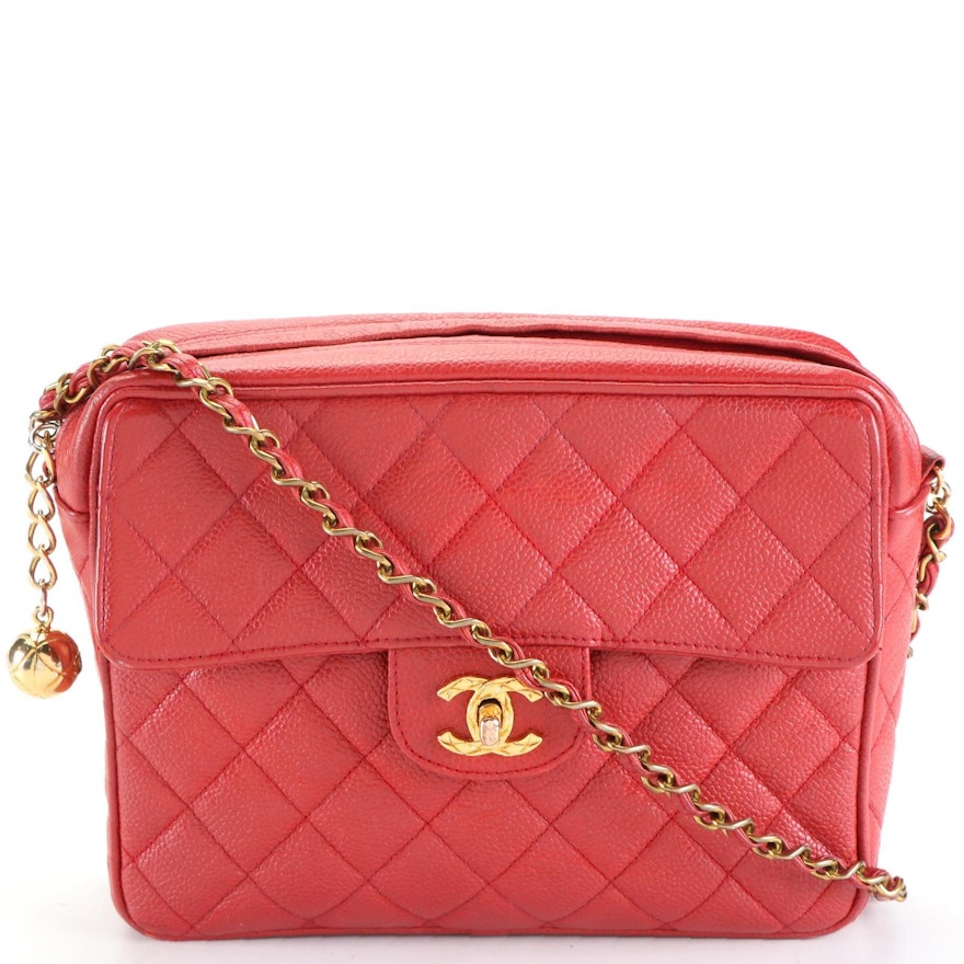 Chanel Front Pocket Top Zip Shoulder Bag in Red Caviar Leather