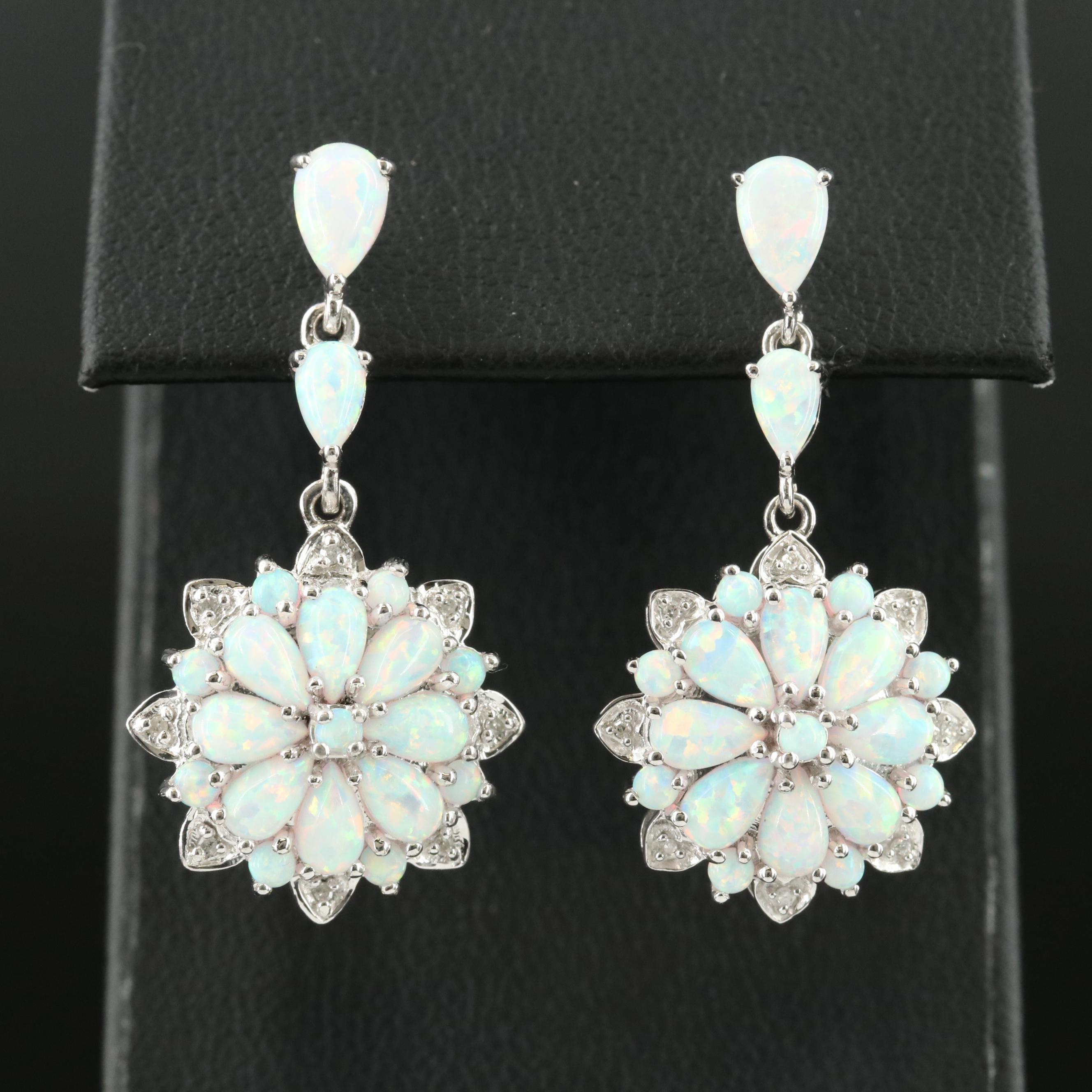 Sterling Opal and Diamond Cluster Earrings
