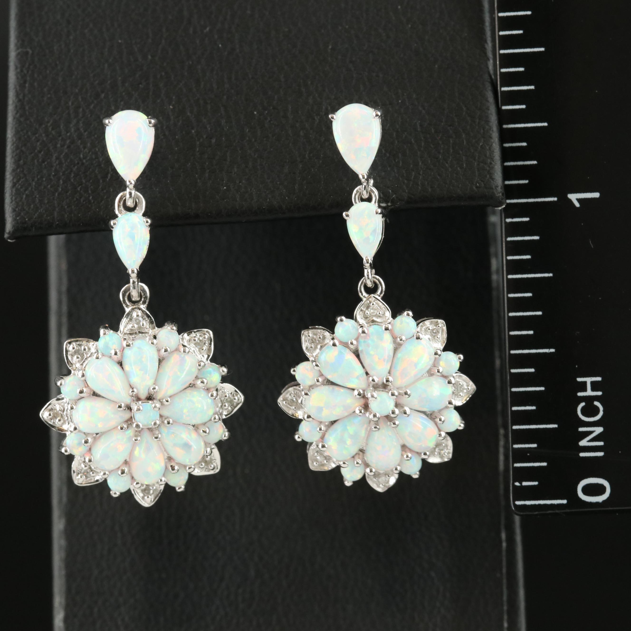 Sterling Opal and Diamond Cluster Earrings